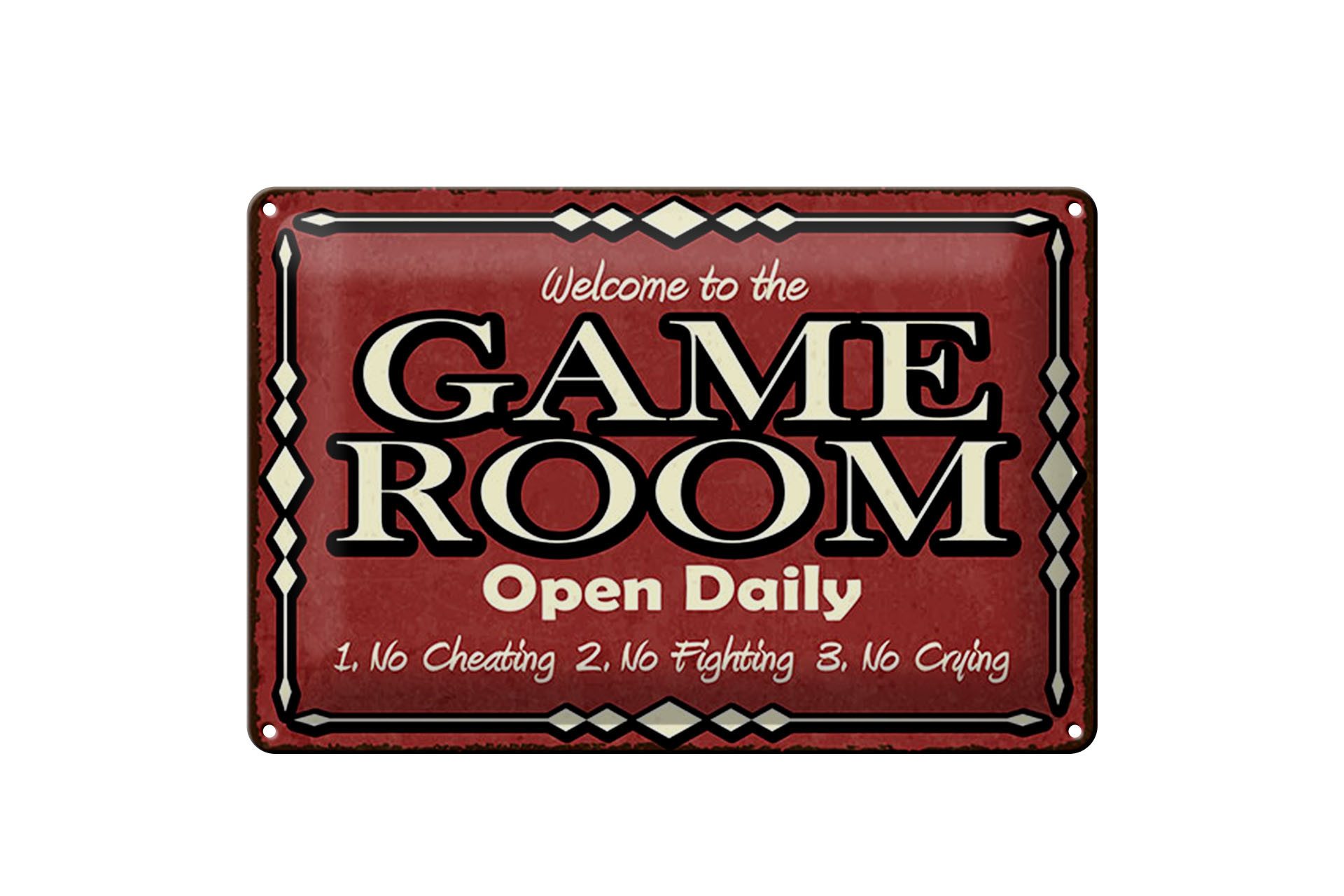 Femer GmbH Metallschild 12x18 cm Game room open daily rotes Deko, (1 St), gewölbte Oberfläche, abgerundete Ecken, umgeschlagene Kanten