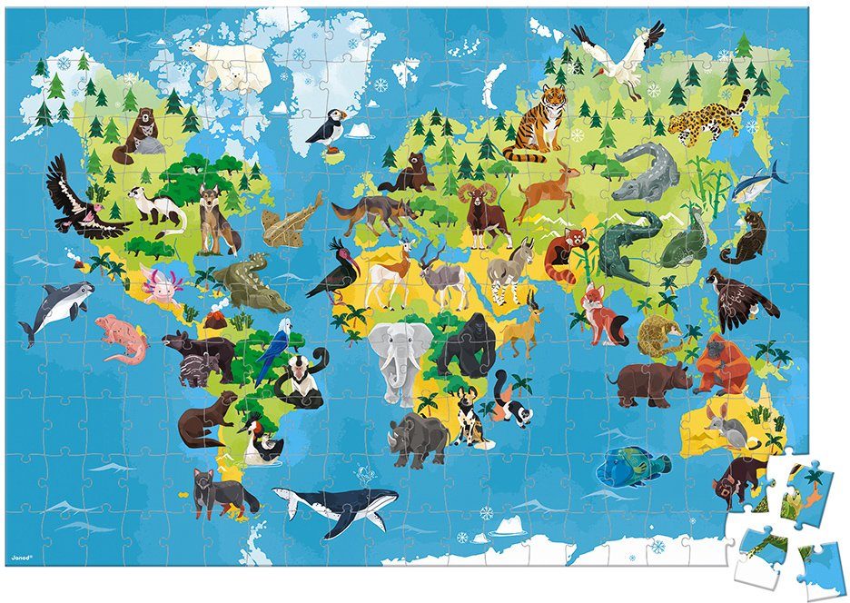 Janod Puzzle Gefährdete 200 Puzzleteile, Figuren mit Tiere