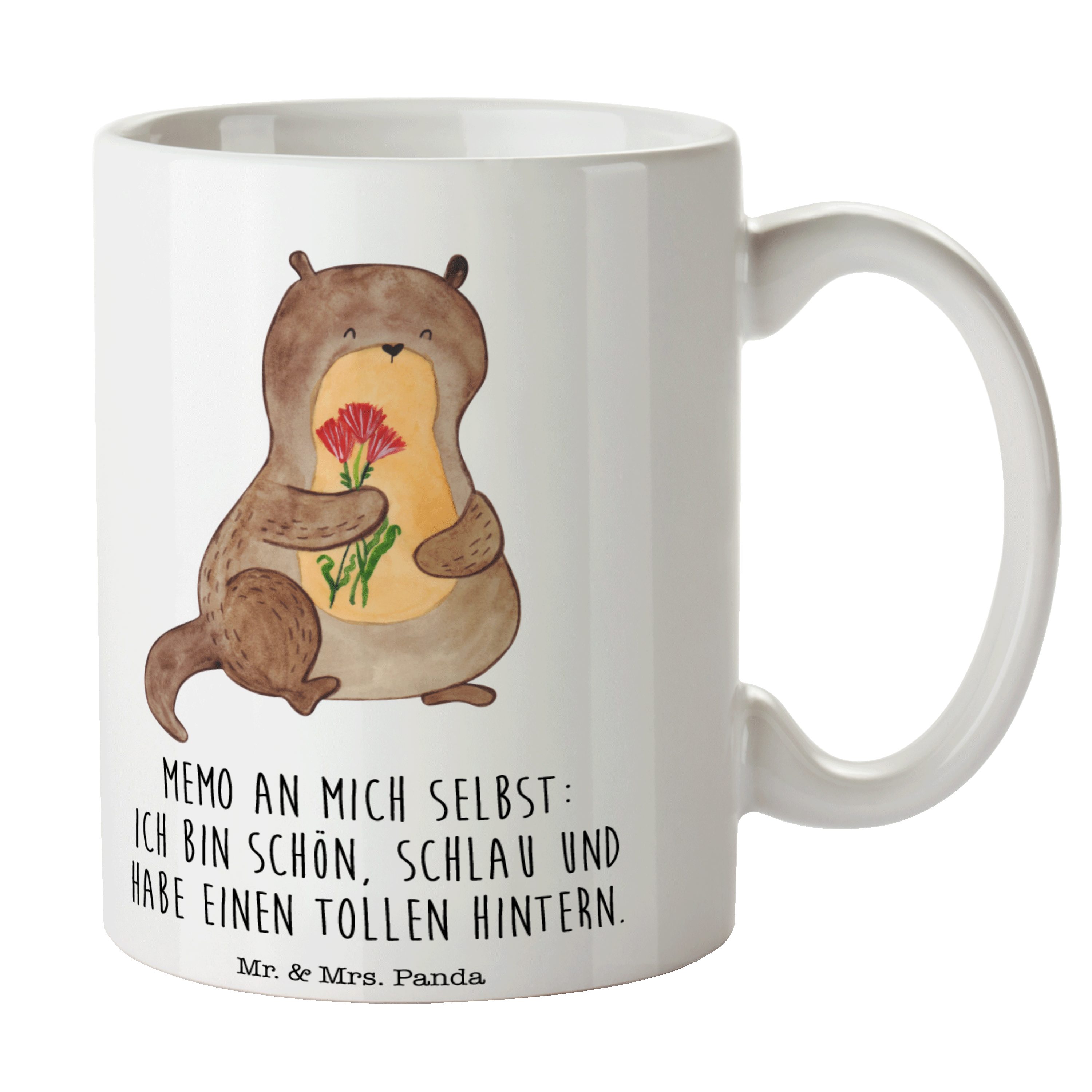 Mr. & Mrs. Panda Tasse Otter Blumenstrauß - Weiß - Geschenk, Kaffeebecher, Kaffeetasse, Tass, Keramik
