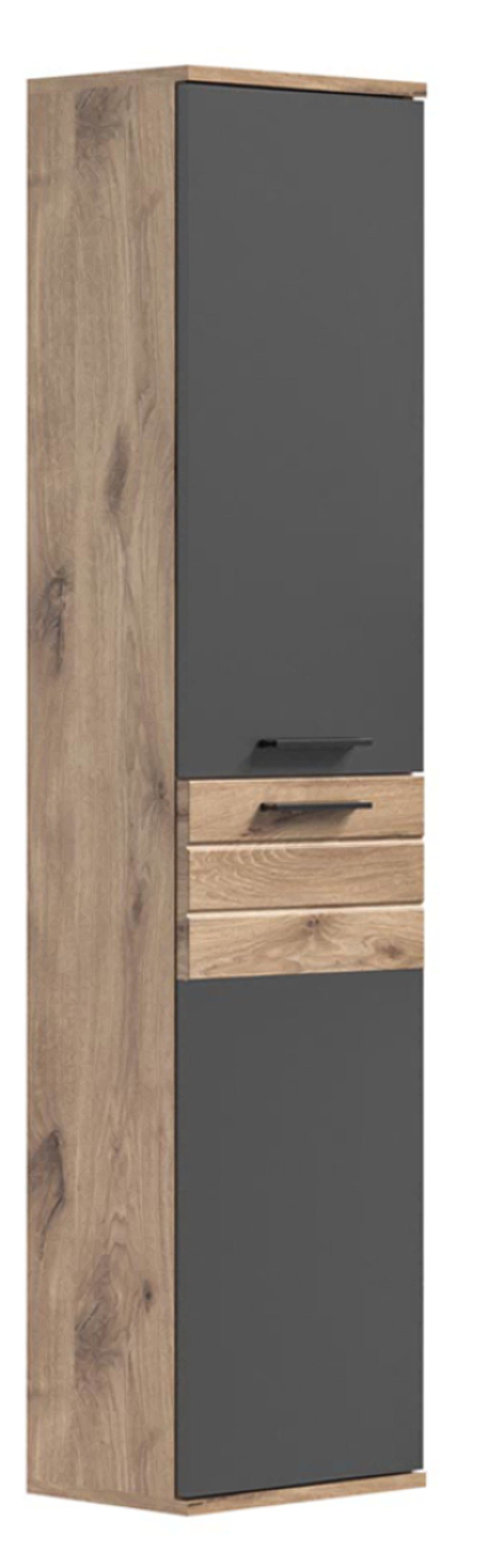 xonox.home Badmöbel-Set Mason Hochschrank Bad 2 Türen grau,Eiche dekor.