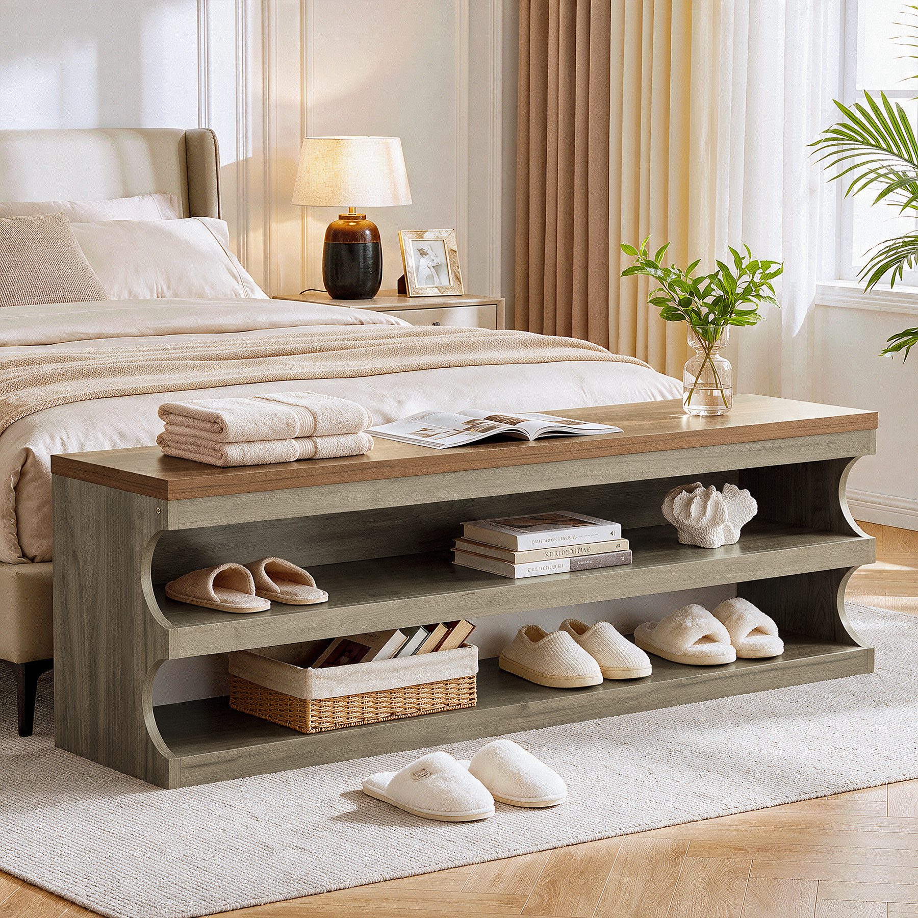 Tribesigns Schuhbank 140 cm Sitzbänke mit 3 Ebenen, Eingangsbank im Landhausstil (Bettfuß mit Stauraum für Eingangsbereich, Flur, Wohnzimmer) – Bild 5 von 5