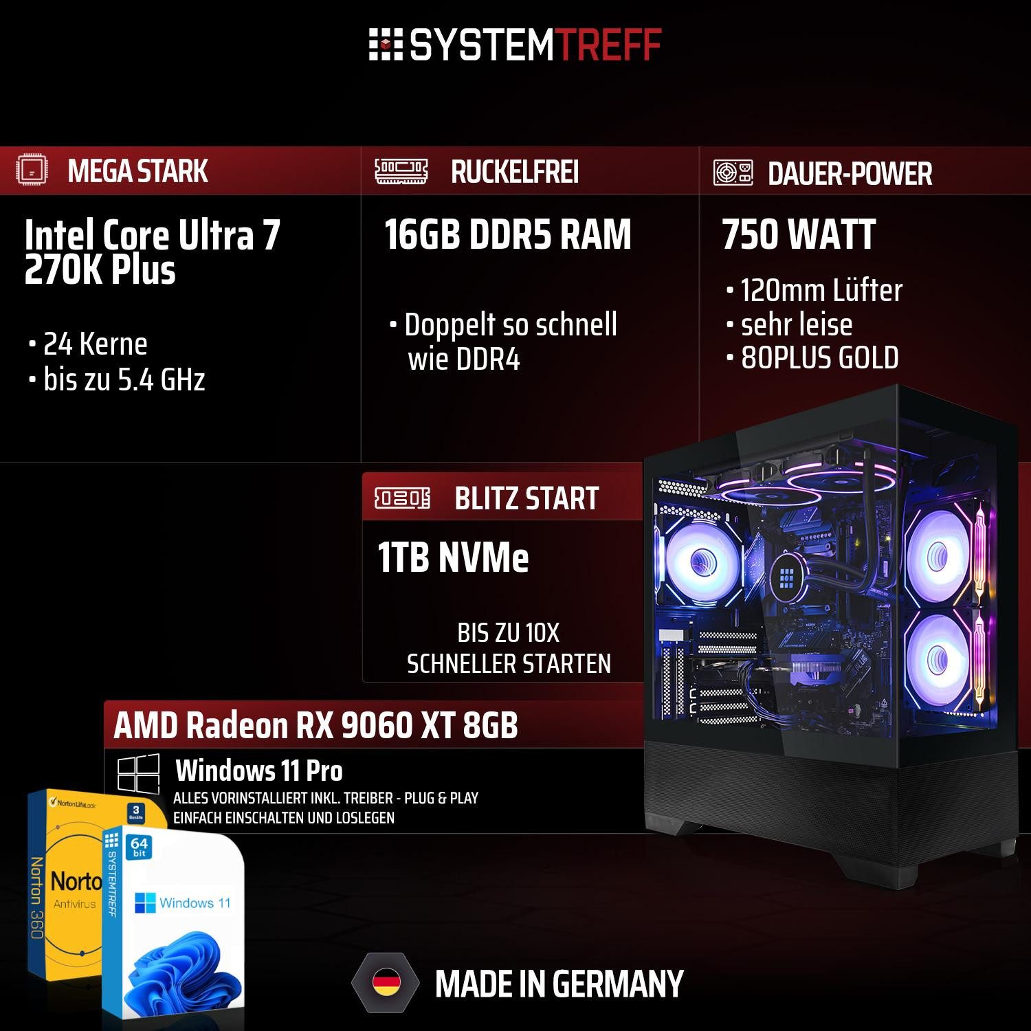 SYSTEMTREFF Intel Core Ultra 7 270K Plus mit AMD Radeon RX 9060 XT 8GB Gaming-PC-Komplettsystem (27", Intel 270K 270K, Radeon RX 9060 XT, 16 GB RAM, 1000 GB SSD)
