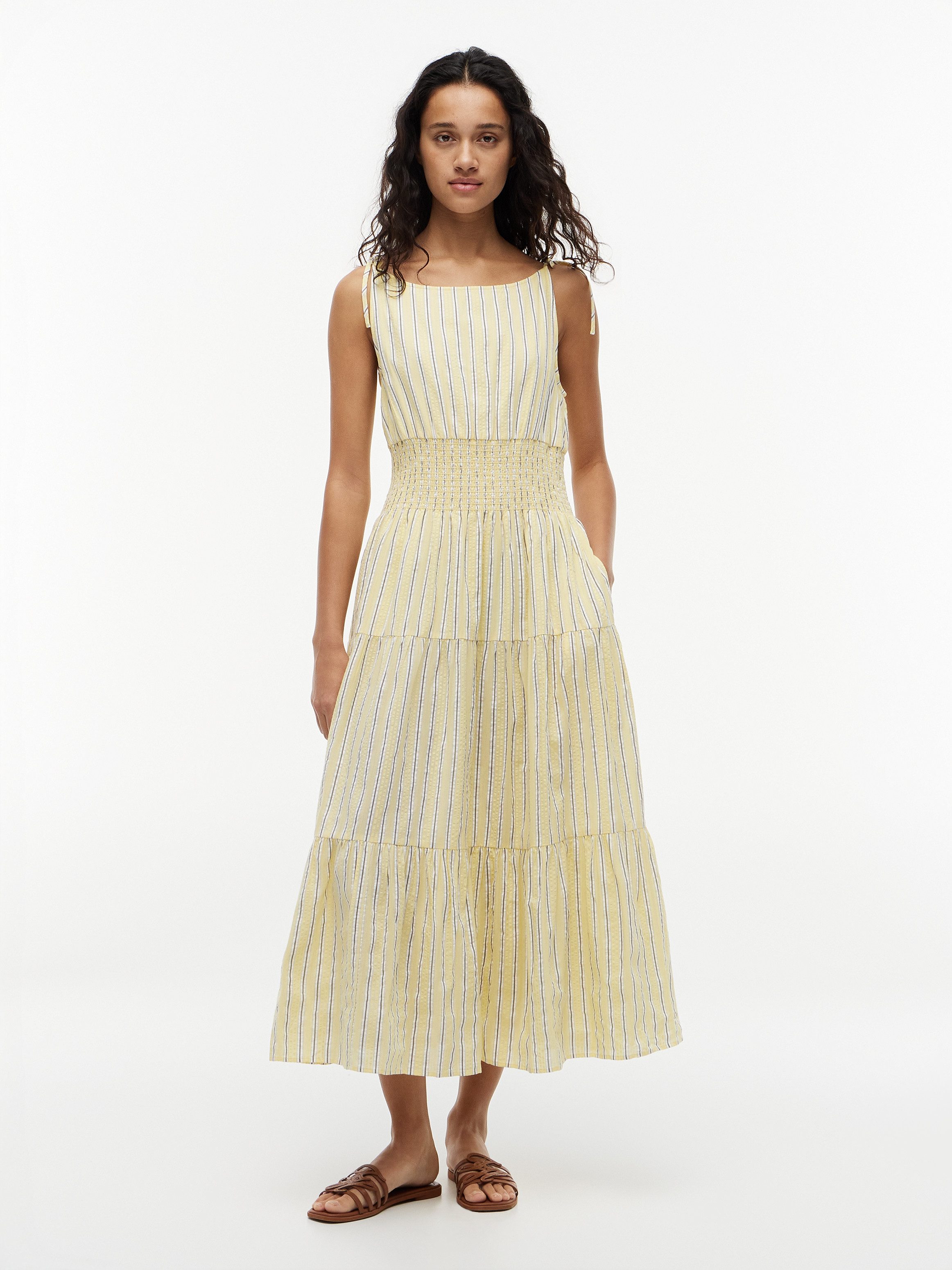 Tommy Hilfiger Trägerkleid SMOCK TIE NS MIDI DRESS Baumwollmischung, Smok-Einsatz