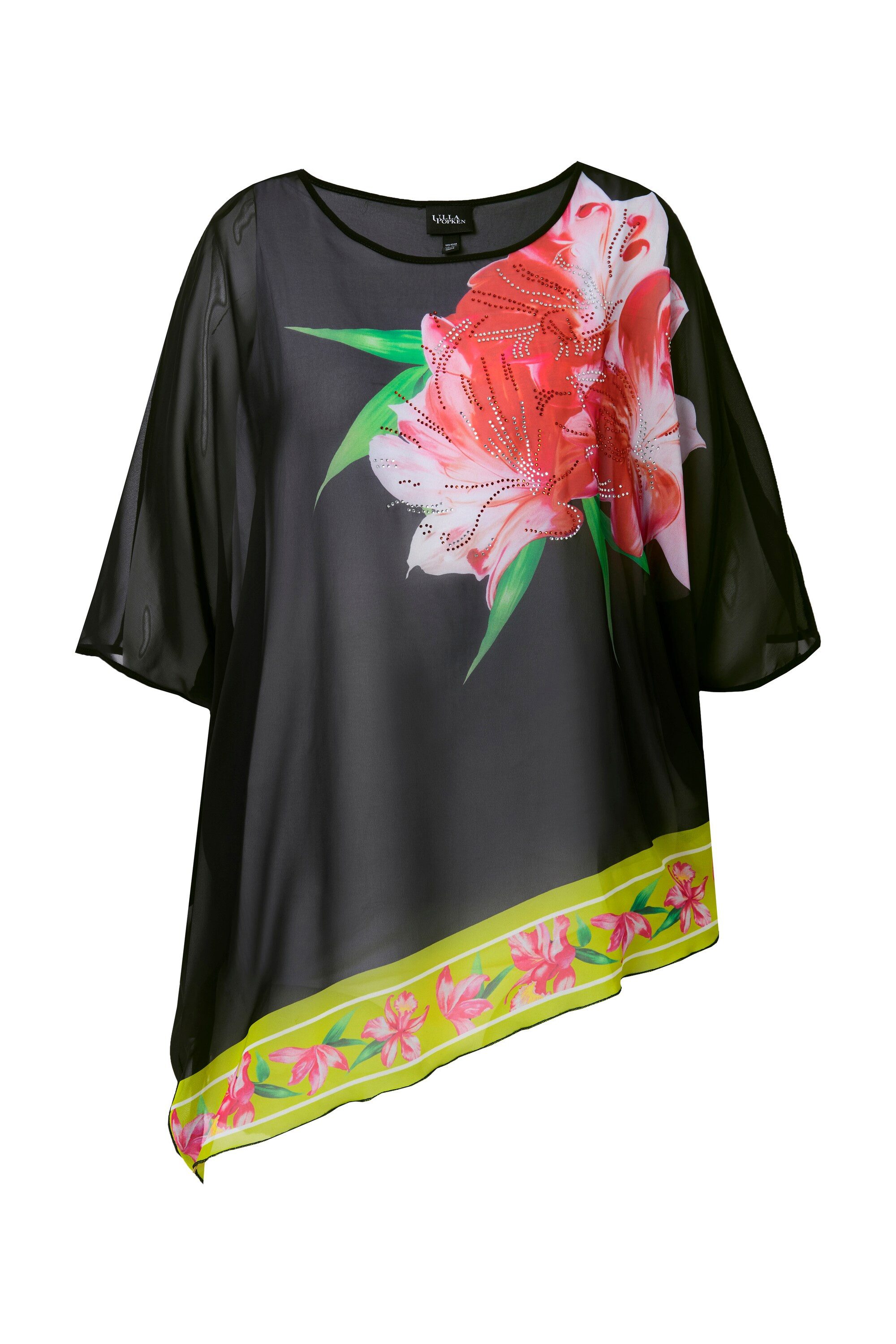 Ulla Popken Longbluse Chiffonbluse doppellagig Glitzerblüte Rundhals günstig online kaufen