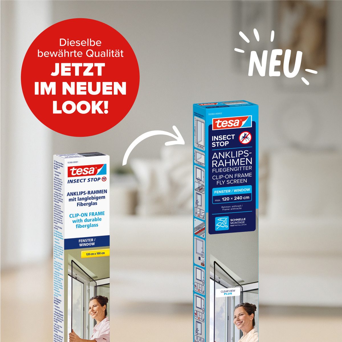 tesa Insektenschutz-Fensterrahmen Anklips-Rahmen Fliegengitter für Fenster, Anthrazit (Durchsichtig), (Packung, 1-St., inkl. Fiberglas-Netz in Anthrazit, Rahmen und Halteklip-Lösung), INSECT STOP Netz aus Fiberglas, selbstklebende Halte-Klips, 1,2x2,4m