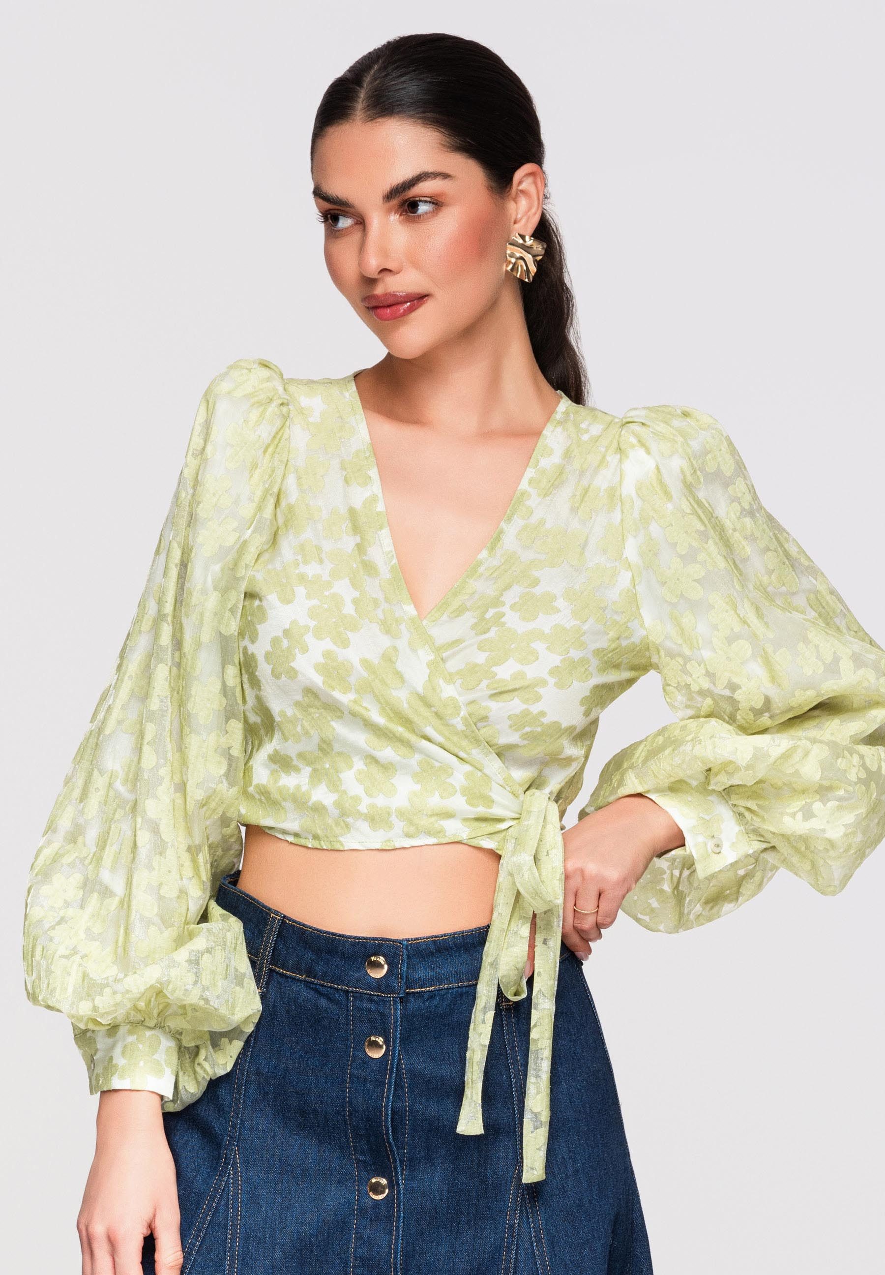 OMBRE Crop-Top Damen Bluse Wickeldesign Puffärmel Elegant Grün L (kein Set, 1-tlg) Wickeldesign, geraffte Schultern