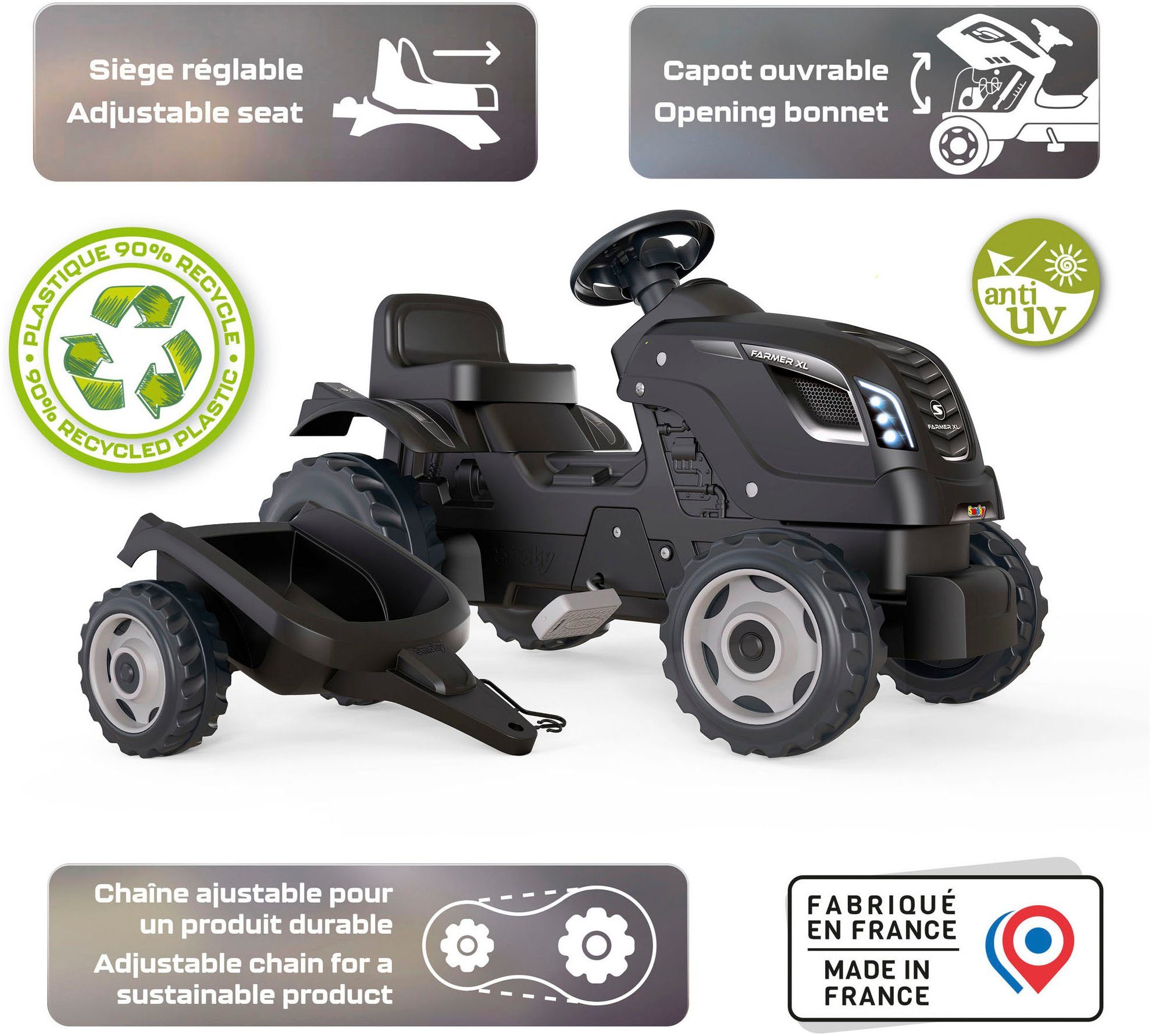 Smoby Trettraktor Farmer XLS schwarz+, mit Anhänger; Made in Europe