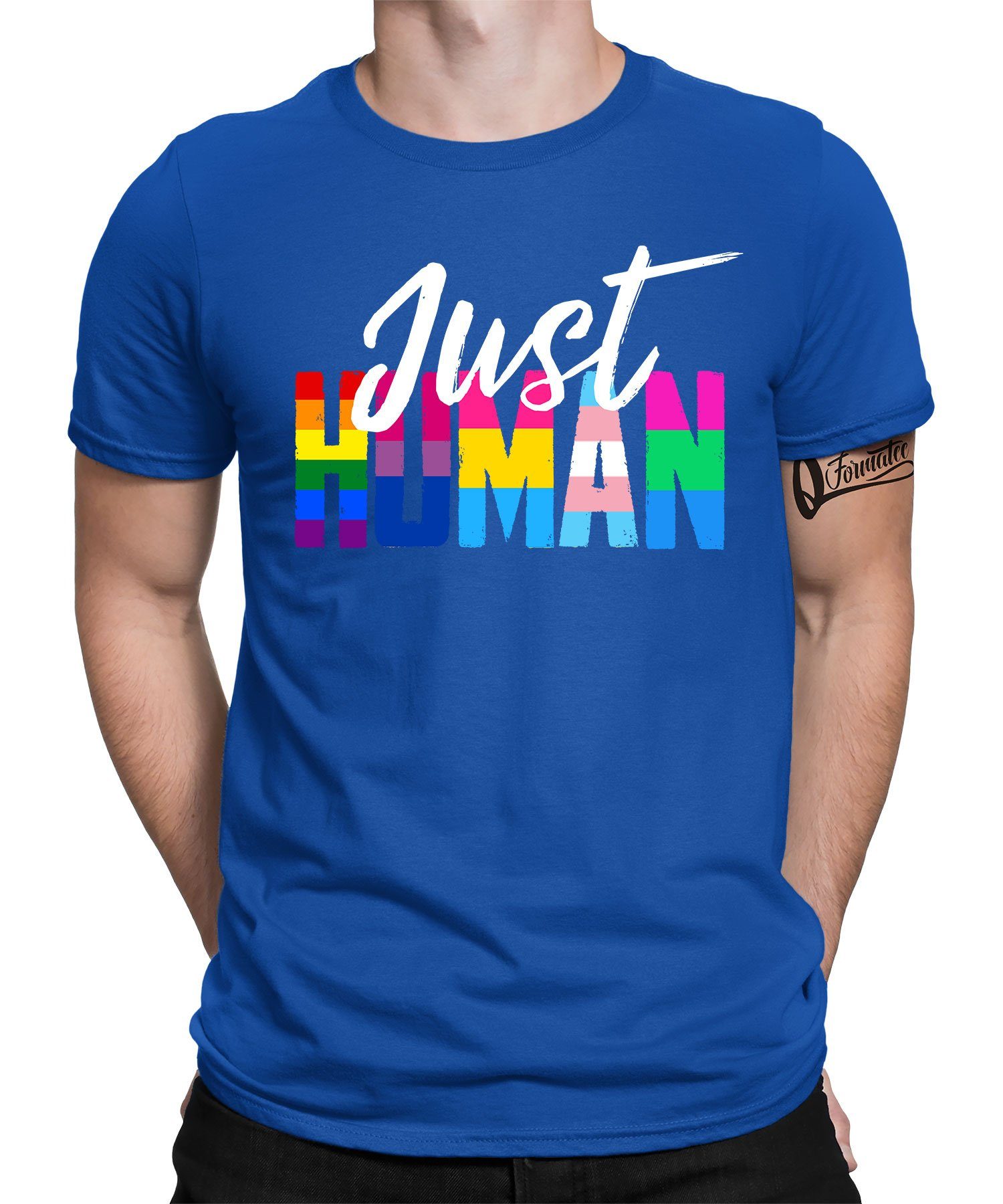 Quattro Formatee Kurzarmshirt Just Human - Stolz Regenbogen LGBT Gay Pride Herren T-Shirt (1-tlg) Blau