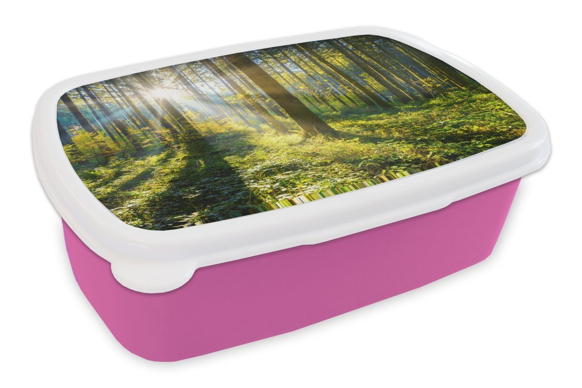 MuchoWow Lunchbox Wald - Sonne - Sommer, Kunststoff, (2-tlg), Brotbox für Erwachsene, Brotdose Kinder, Snackbox, Mädchen, Kunststoff rosa