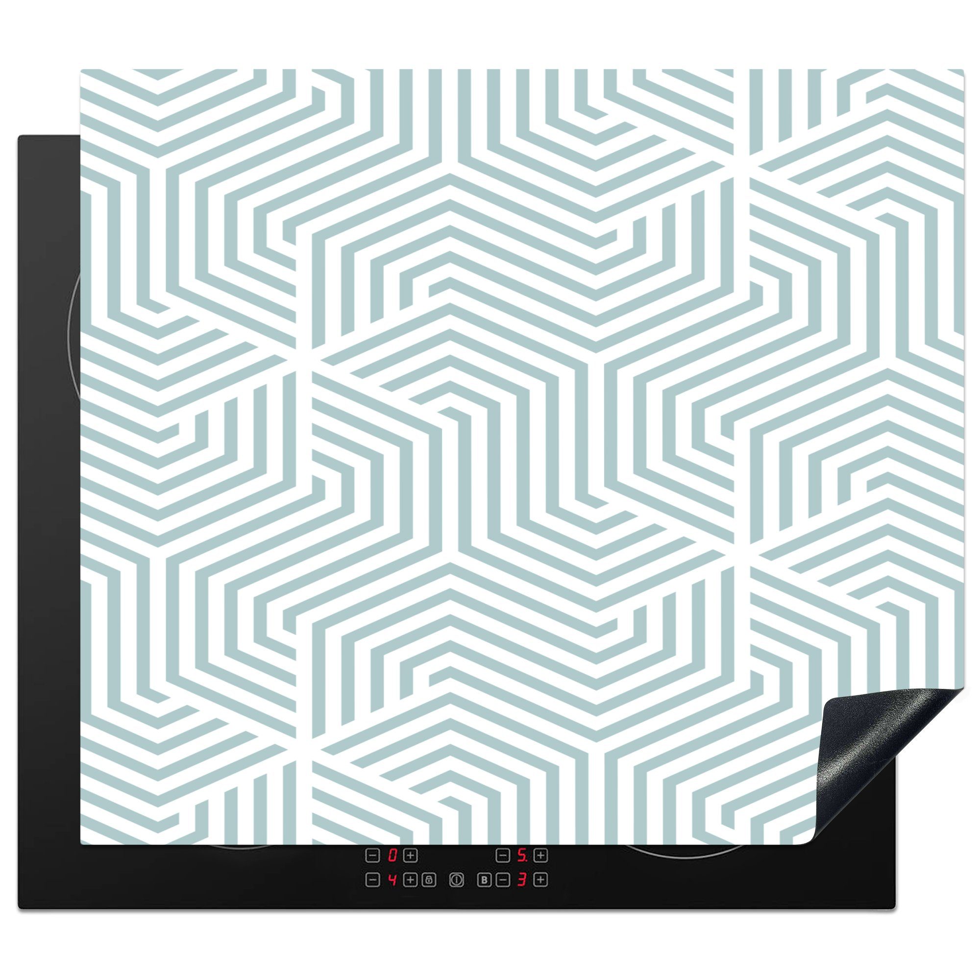 MuchoWow Herdblende-/Abdeckplatte Geometrie - Linie - Grün - Muster, Vinyl, (1 tlg), 59x51 cm, Induktionsschutz, Induktionskochfeld, Ceranfeldabdeckung