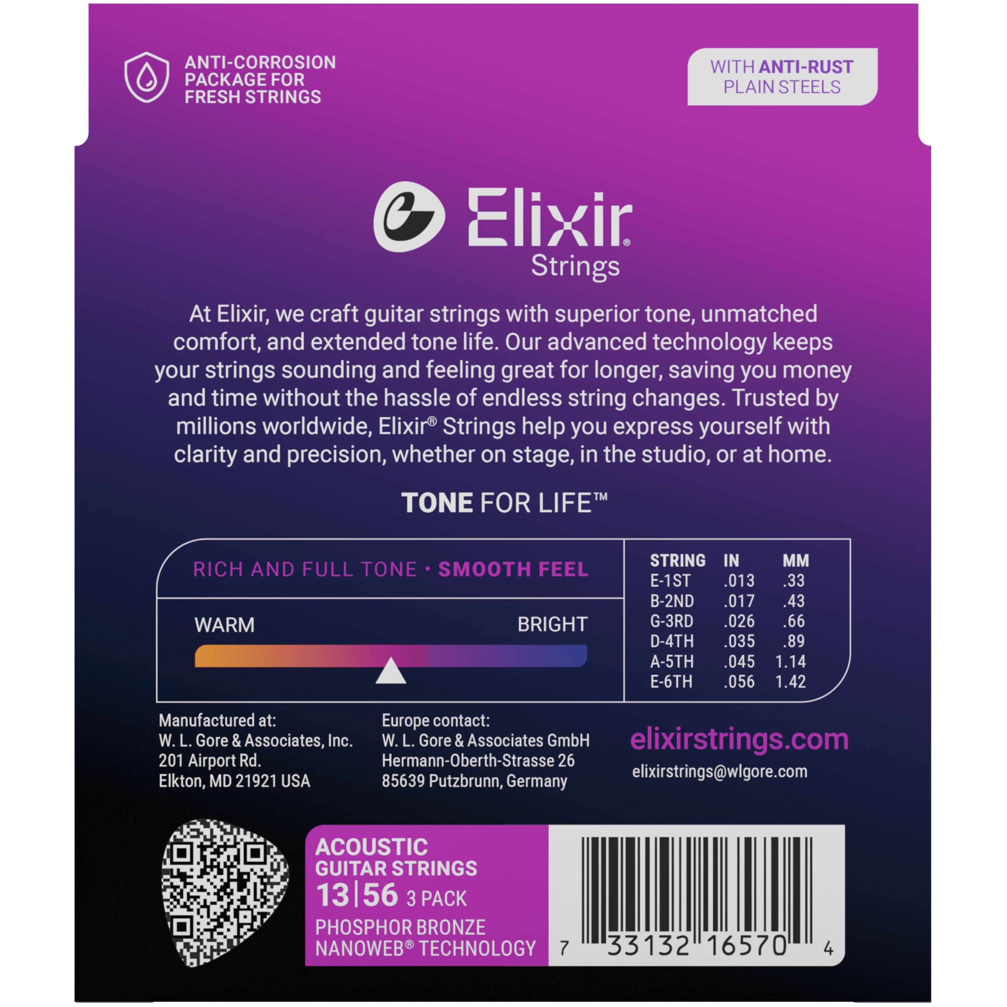 Elixir Saiten, 16570 Nanoweb Acoustic Ph Bronze 13-56 - 3 Pack -
