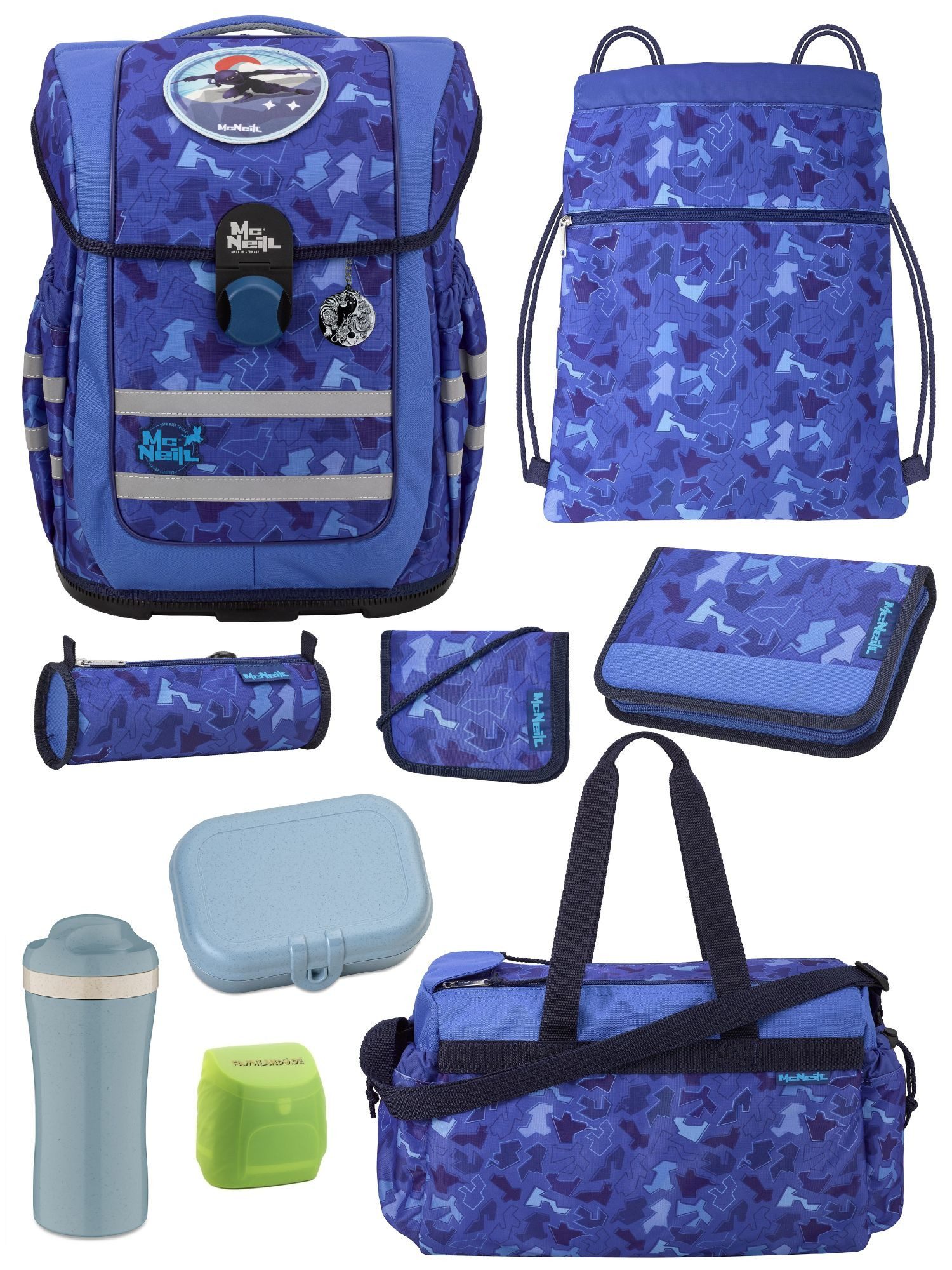 McNeill Schulranzen Ergo Complete "Puzzle" Ninja Schultasche Blau ab der 1. Klasse (Set, 9-tlg., inkl. Federmappe und Sporttasche), ergonomisch, mit Brustgurt, höhenverstellbar - wächst mit dem Kind mit