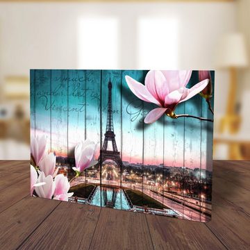 wandmotiv24 Leinwandbild Holz Blüten Paris Eiffelturm, Abstrakt (1 St), Wandbild, Wanddeko, Leinwandbilder in versch. Größen