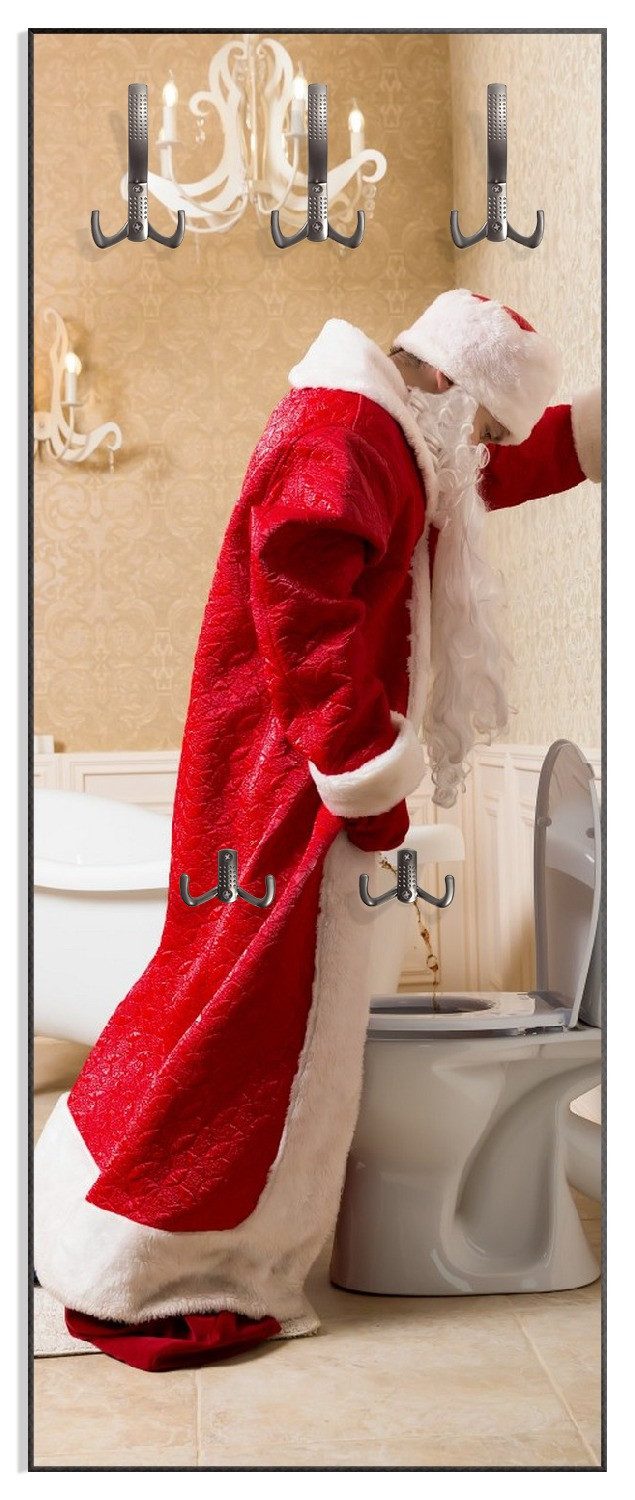 Wallario Garderobenpaneel Weihnachtsmann macht Pause und pinkelt auf edler Toilette (1-teilig, inkl. Haken und Befestigung), 50x125cmHolz