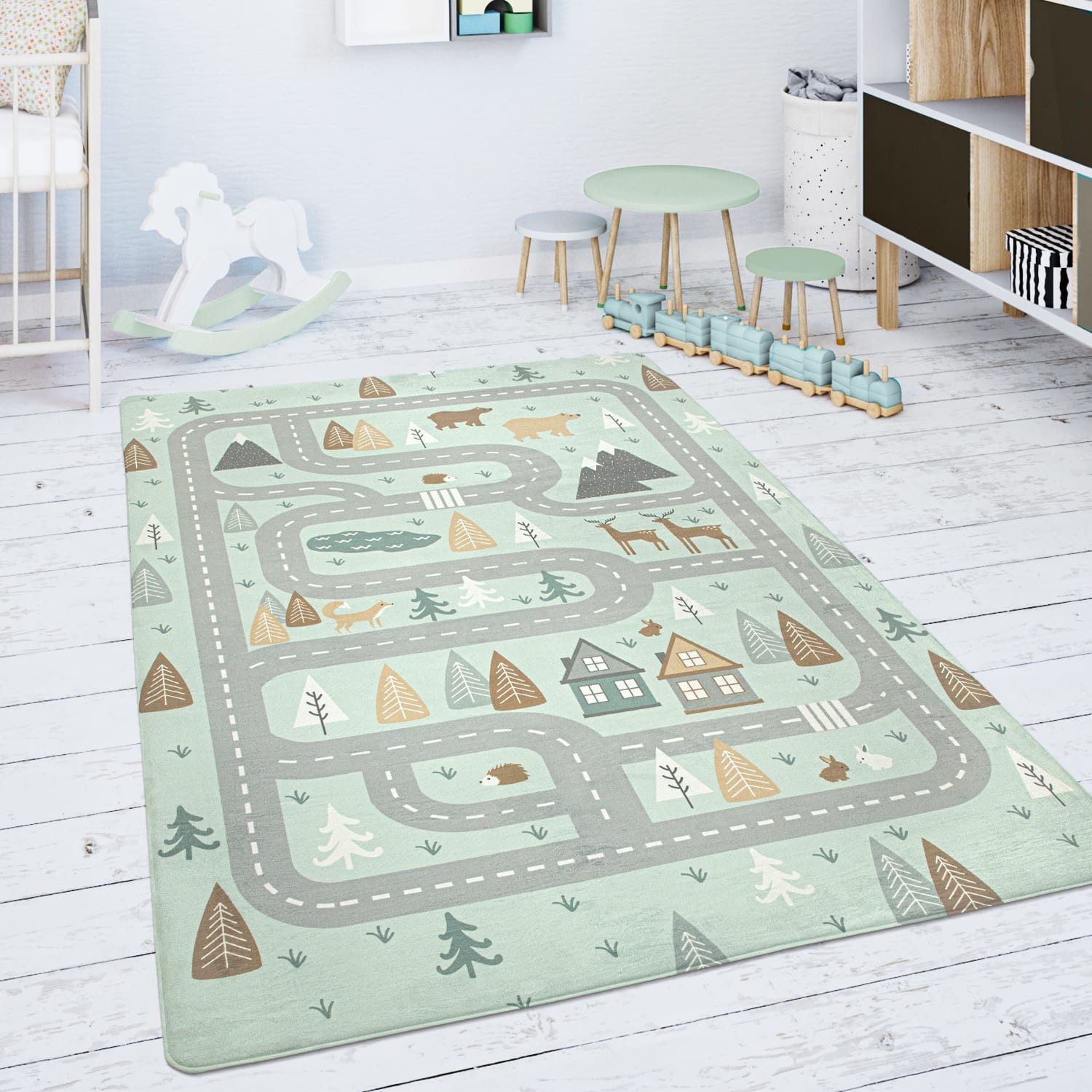 Kinderteppich waschmaschinenwaschbar Waldwege‑Muster Kinderzimmer Kinderteppich