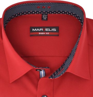 MARVELIS Businesshemd Businesshemd - Body Fit - Langarm - Einfarbig - Rot mit Besatz Kontrastknöpfe