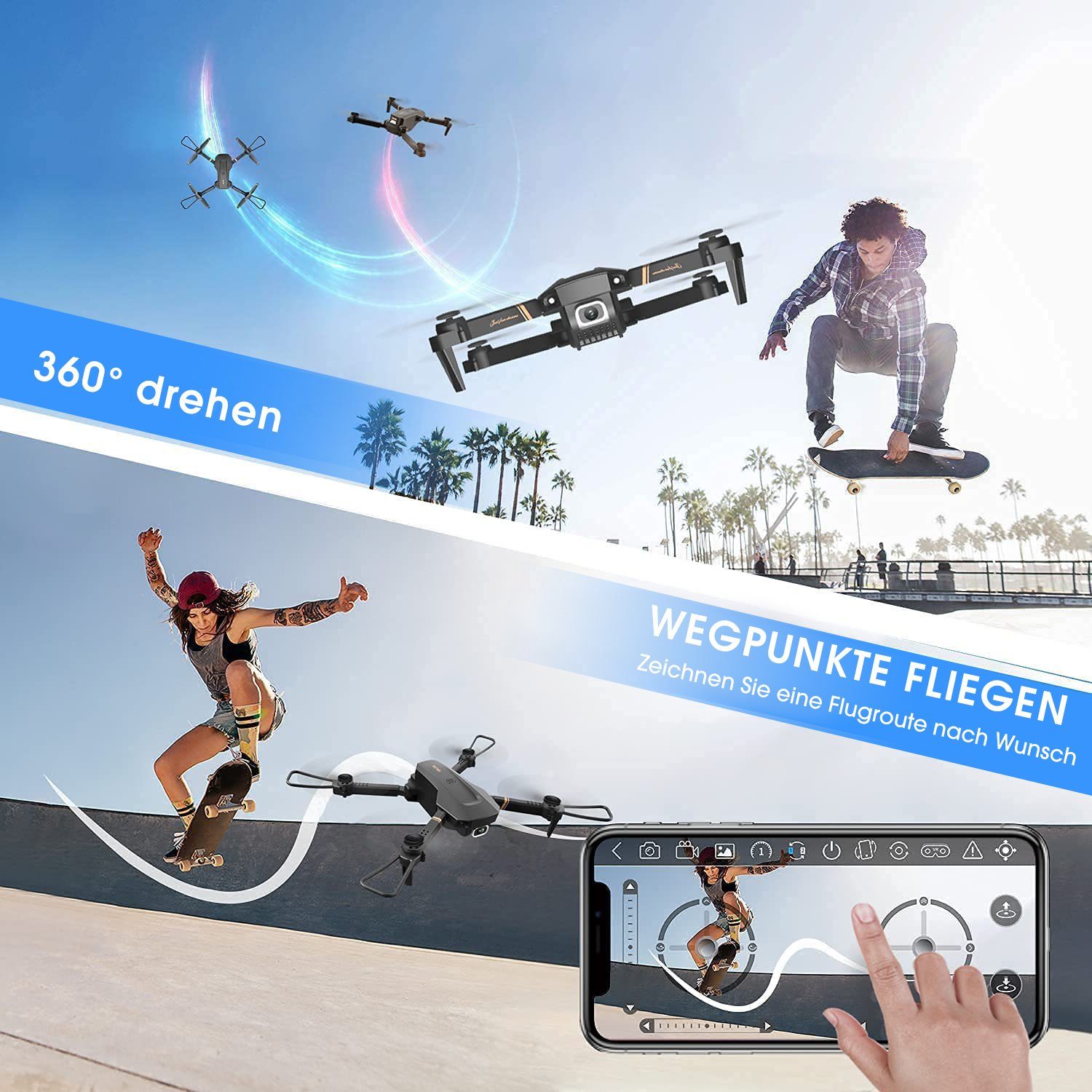 Schwebeflug) Minuten 32 v4, für automatischer FPV-Live-Video, Quadcopter Schwarz Flugzeit, Anfänger, Kinder HD, 4DRC klappbarer & (1080P Spielzeug-Drohne