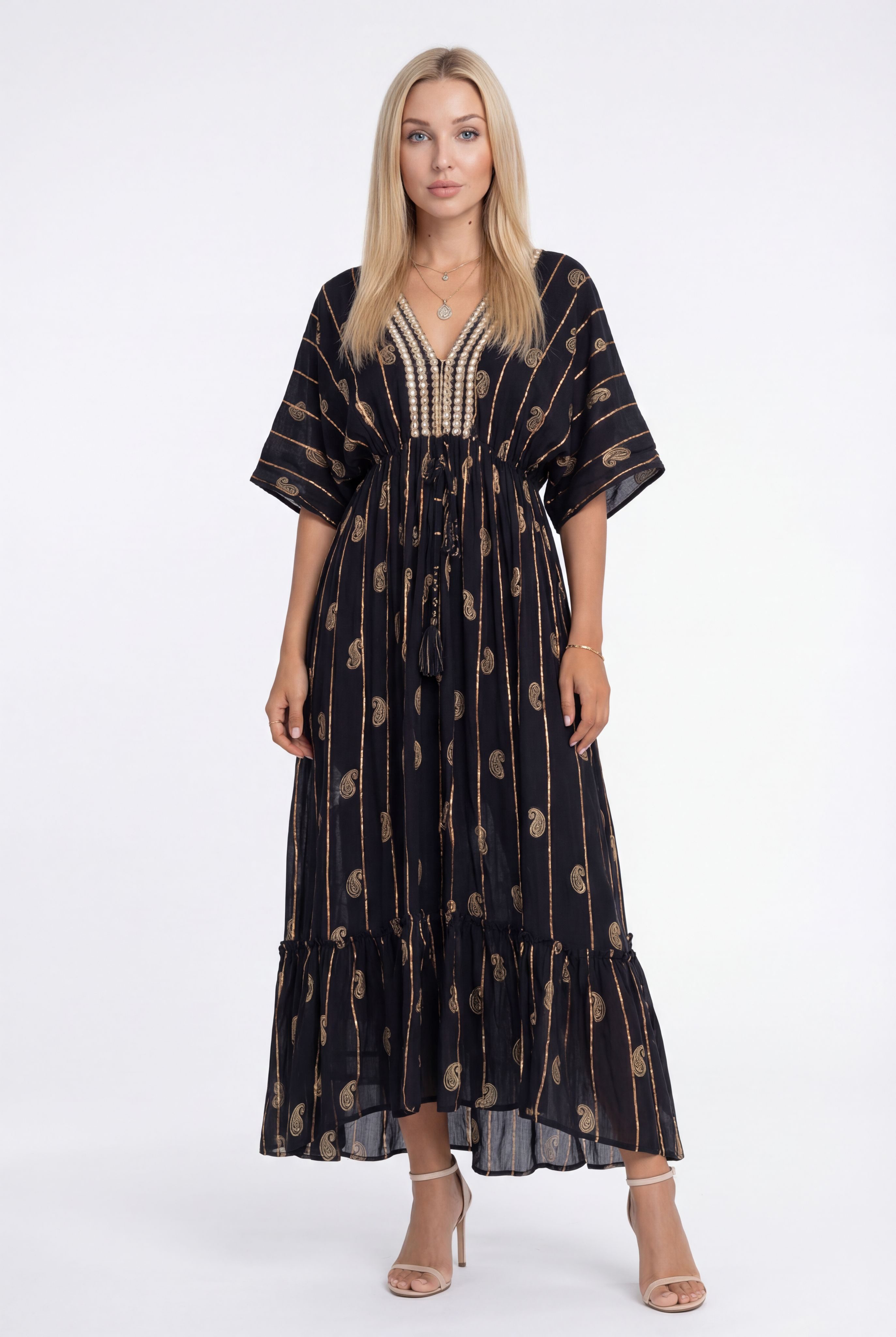 YC Fashion & Style Maxikleid Boho-Sommerkleid mit goldfarbenem Paisley-Print One Size 34-40 aus Visksose