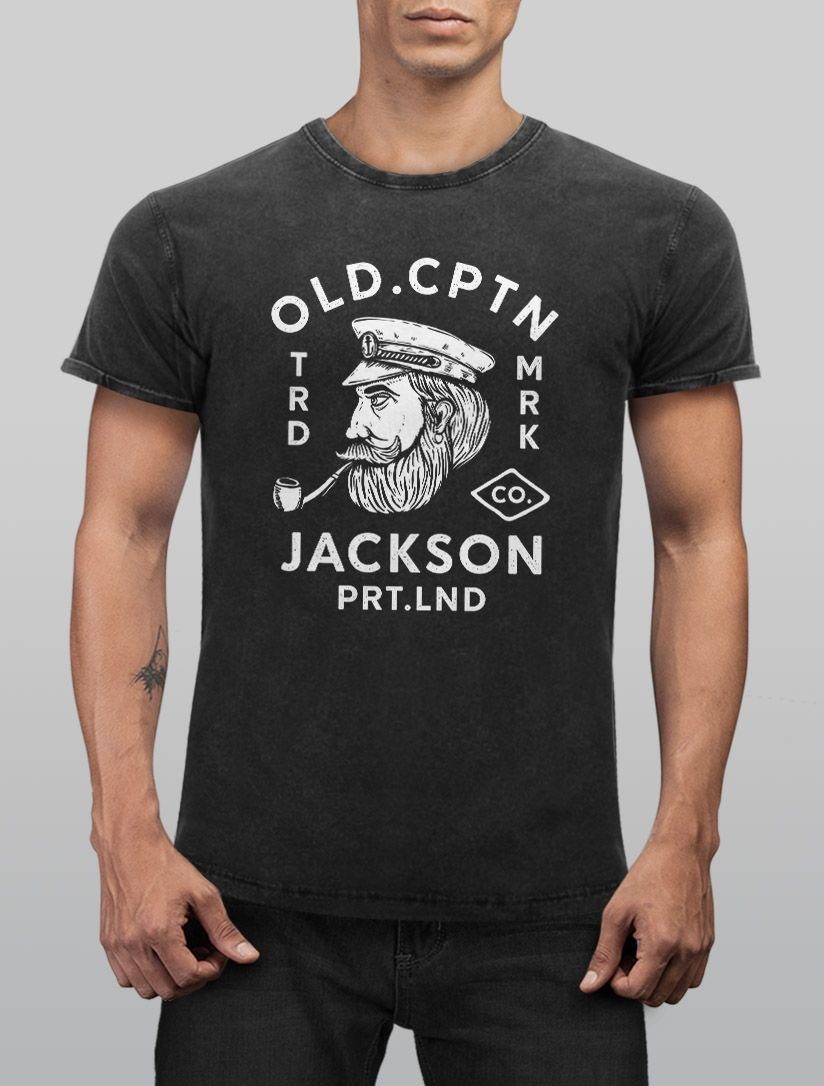 Look Retro Herren Cptn Old Printshirt Used Slim Vintage Kapitän Fit Neverless Aufdruck Neverless® Jackson Motiv mit Print-Shirt schwarz Shirt Print