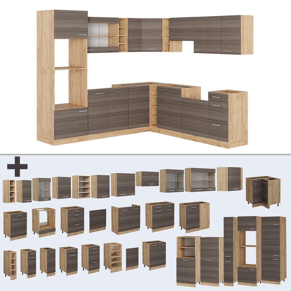 Vicco Winkelküche R-Line, Edelgrau/Goldkraft Eiche, 237 x 60 cm ohne Arbeitsplatte