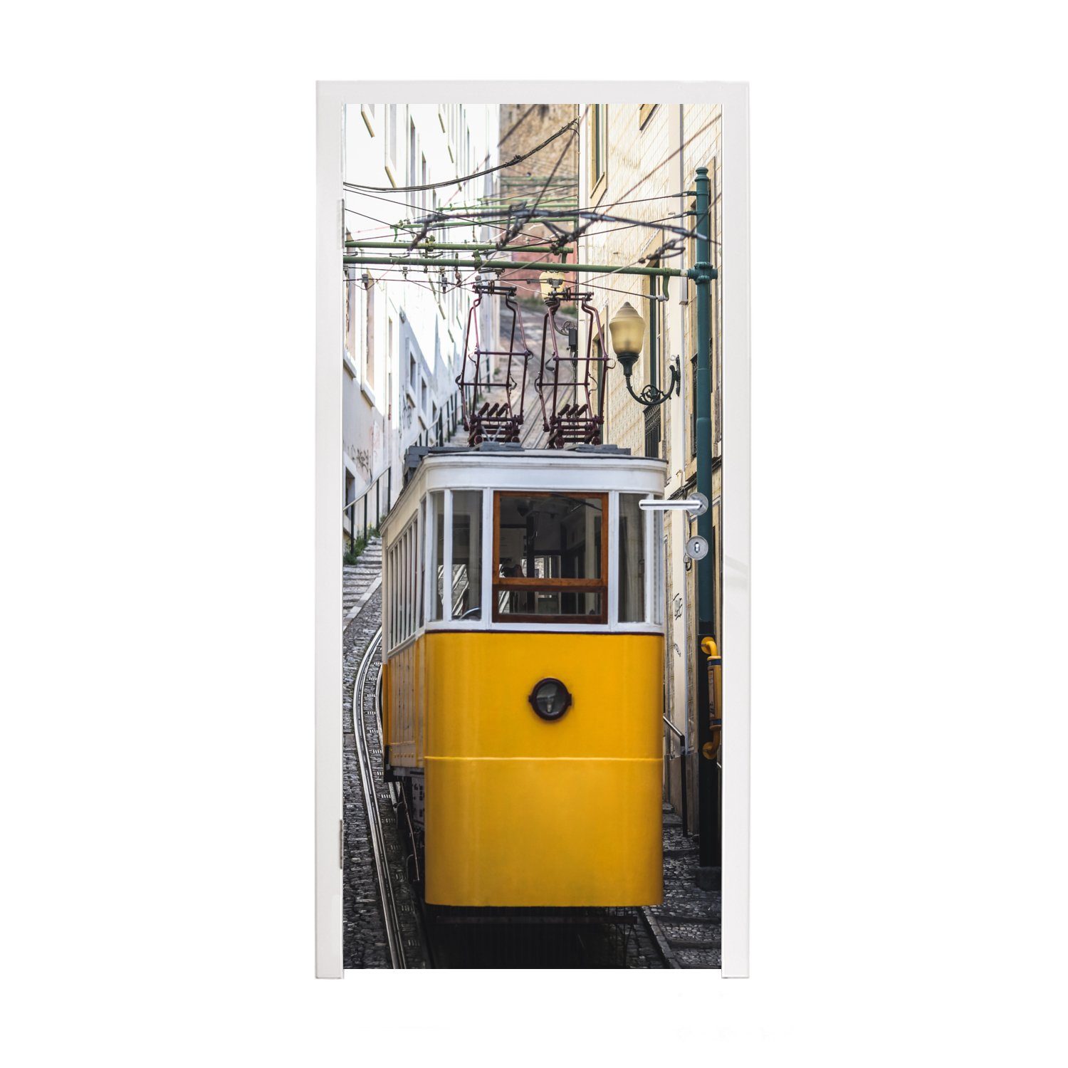 MuchoWow Türtapete Eine Straßenbahn bleibt auf der Lavra-Seilbahn in Lissabon stecken, Matt, bedruckt, (1 St), Fototapete für Tür, Türaufkleber, 75x205 cm