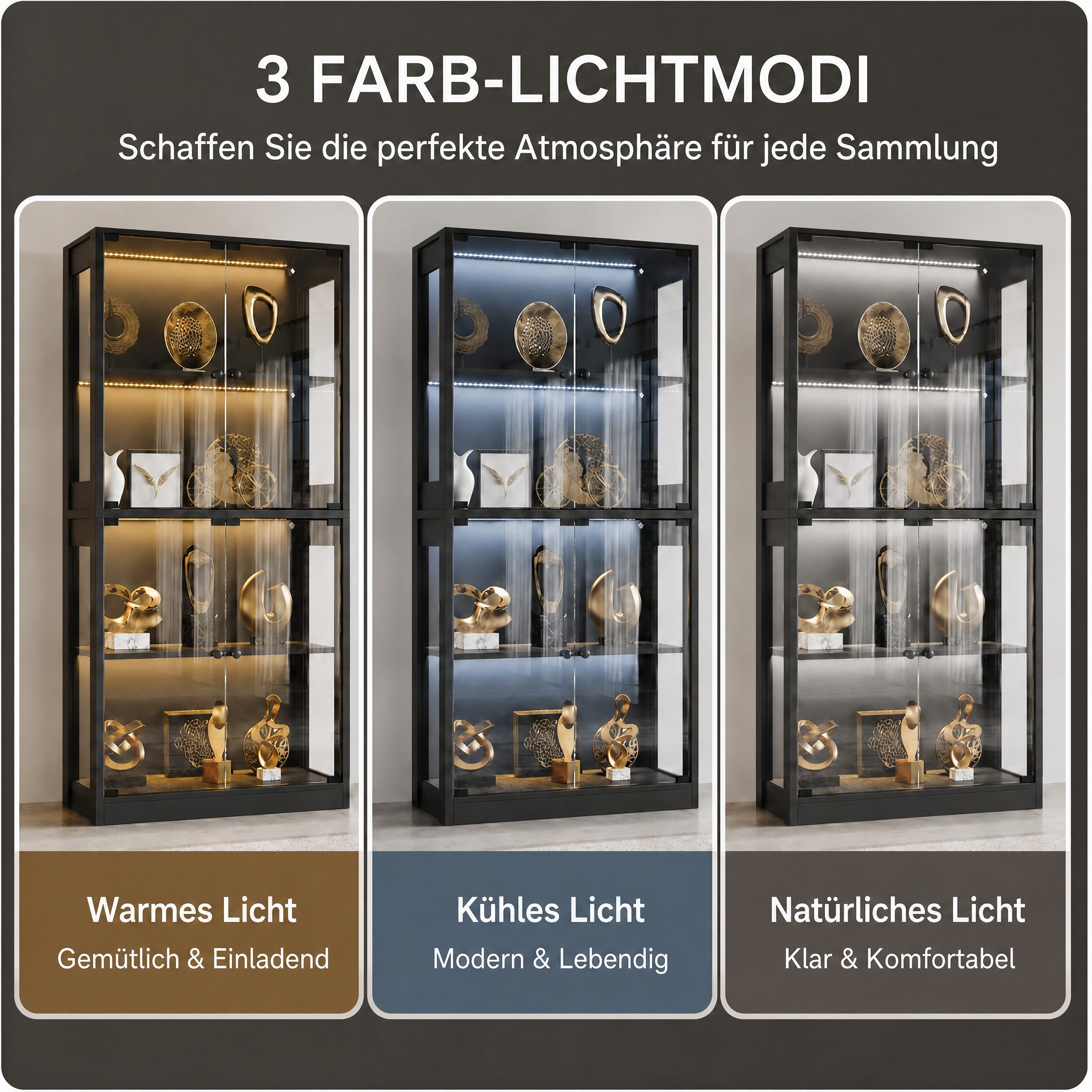 FUFU&GAGA Glasvitrine 165cm hoch mit 3-Farben LED Sammlervitrine Sicherheitsglas