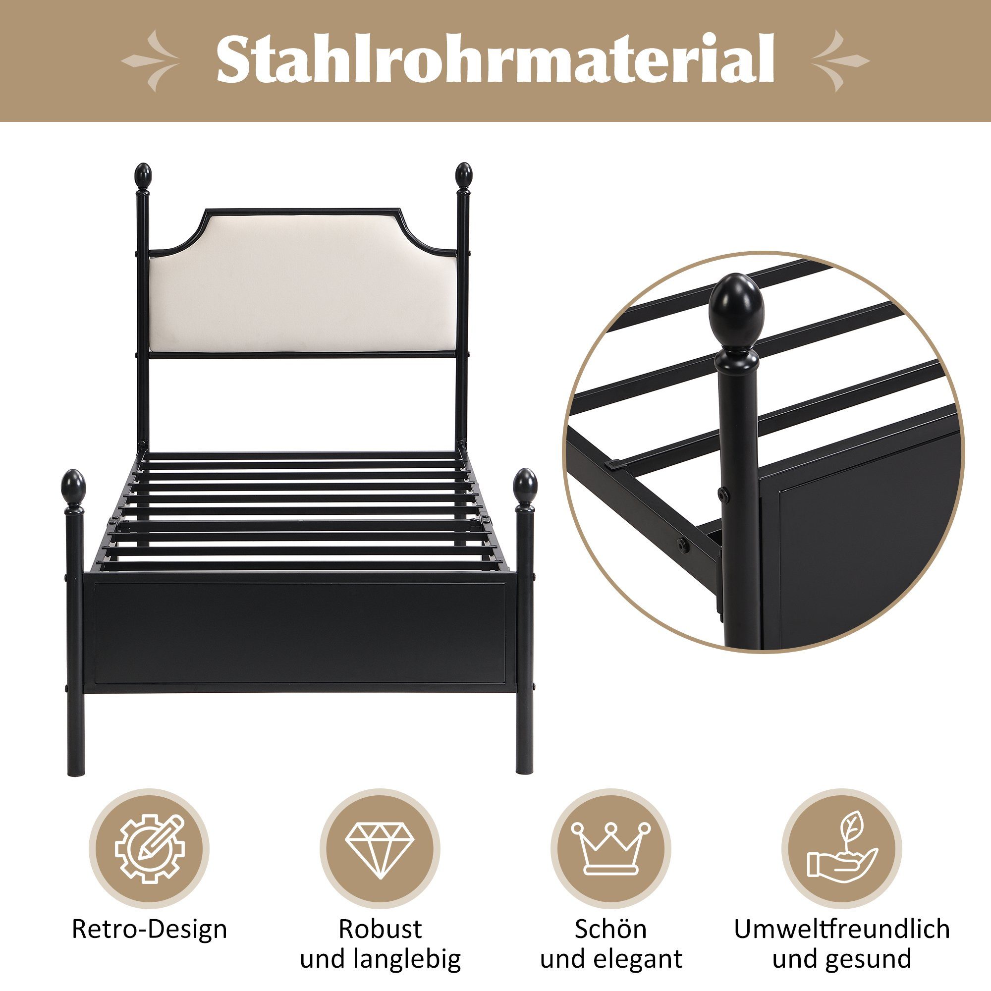 Metallbett (Einzelbett), mit Kopfteil und Lattenrost, 90x200 cm