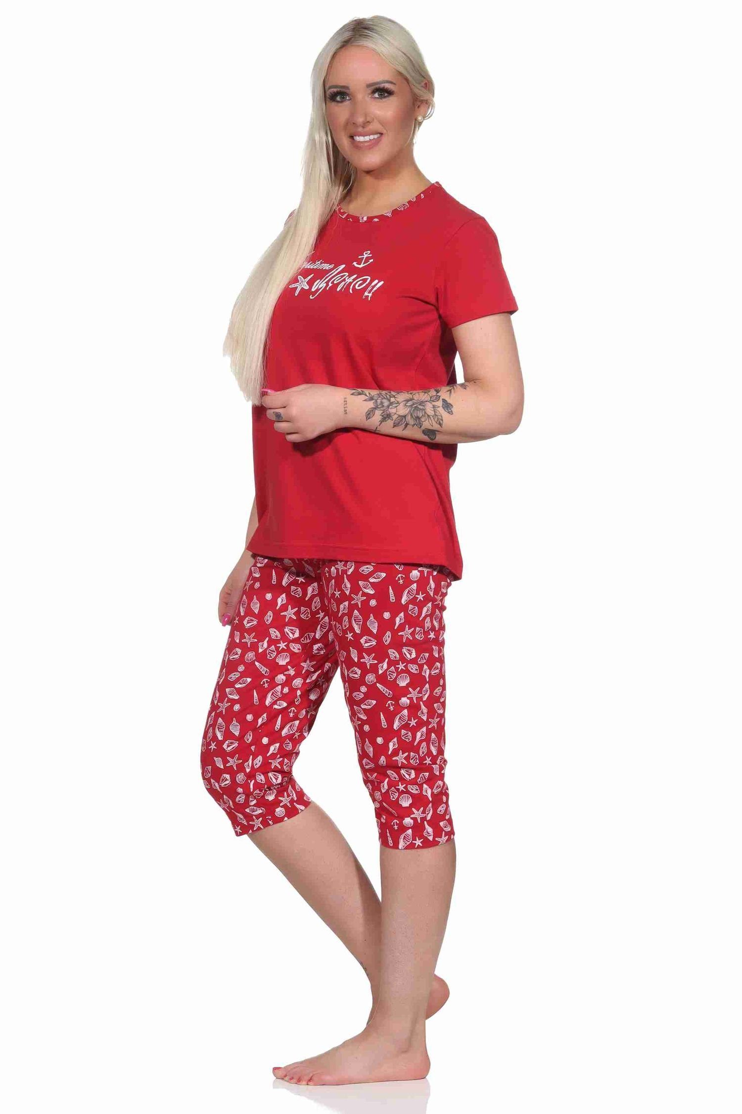 Damen Normann Look Pyjama by Capri Pyjama kurzarm Schlafanzug RELAX im maritimen rot