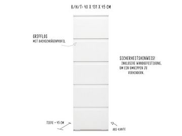 möbelando Kommode Ravenna, Moderne Kommode aus melaminharzbeschichteter Spanplatte in Weiß-matt mit 5 Schubkästen. Breite 40 cm, Höhe 131 cm, Tiefe 45 cm.