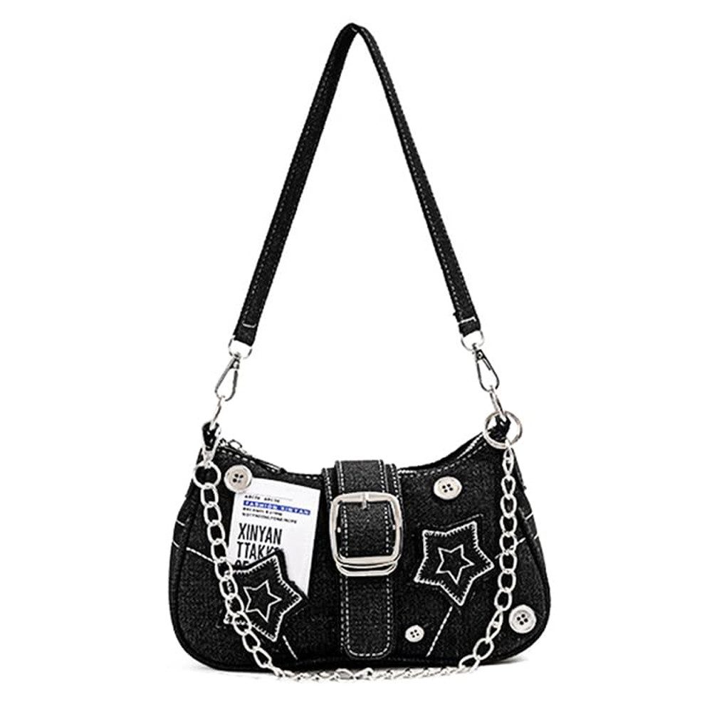 Zaewry Schultertasche Umhängetasche Damen klein Handtasche, Y2K Crossbody Bag Damen, mit Sternenstickerei und Kettenriemen, Vintage für Frauen Dating