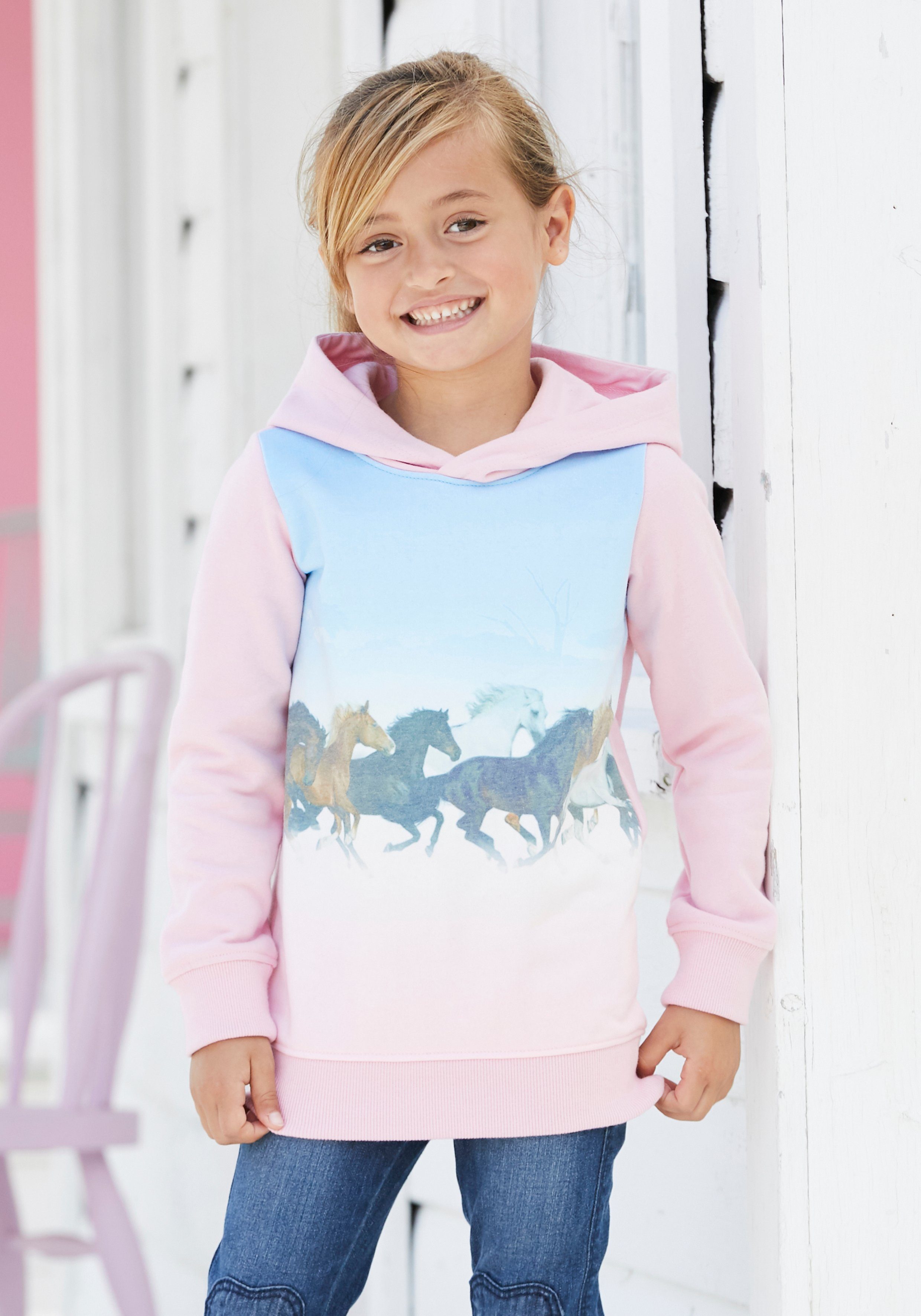 kleine für Longsweatshirt Mädchen KIDSWORLD mit Pferdedruck