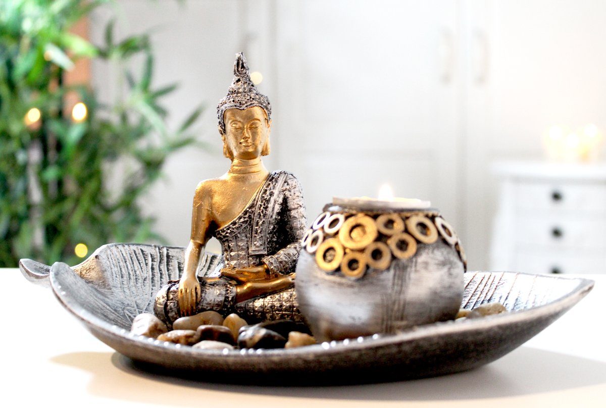 LB H&F Lilienburg Teelichthalter mit Tablett Dekotablett Buddha Statue Gold günstig online kaufen