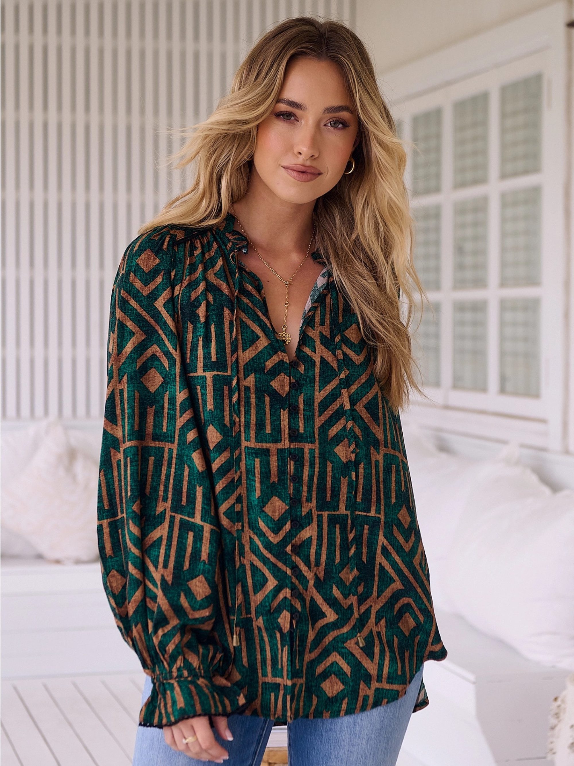 Jaase Schlupfbluse "SMARAGD NOMADE" (1-tlg) NEU, graphisches Muster, Viskose