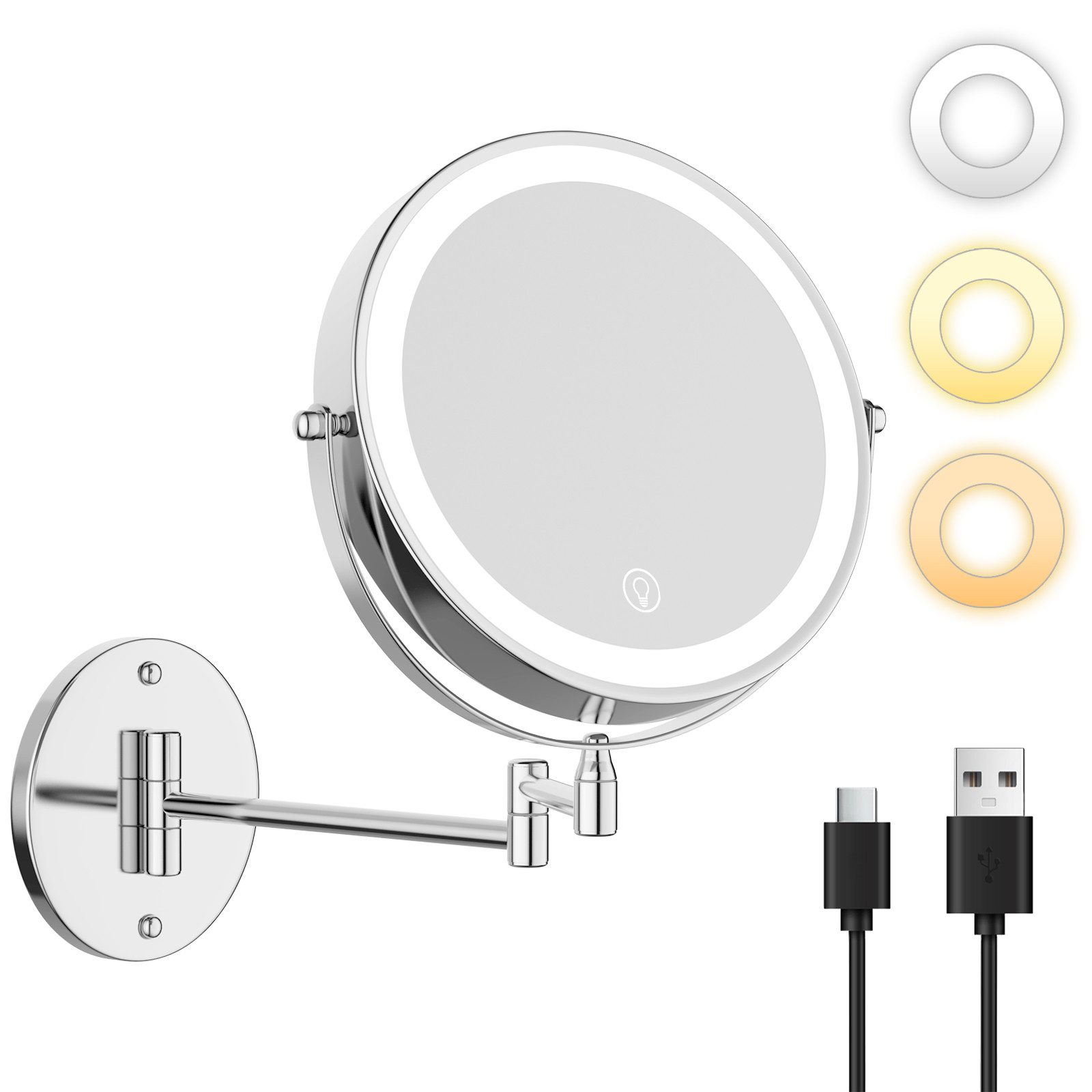 skelo Kosmetikspiegel Schminkspiegel mit Beleuchtung und Wandmontage, 1X/10X Vergrößerung (1-St., Schminkspiegel Wandmontage), USB-C, 3 Lichtfarben, Touchscreen, 360° Drehbar für Badezimmer