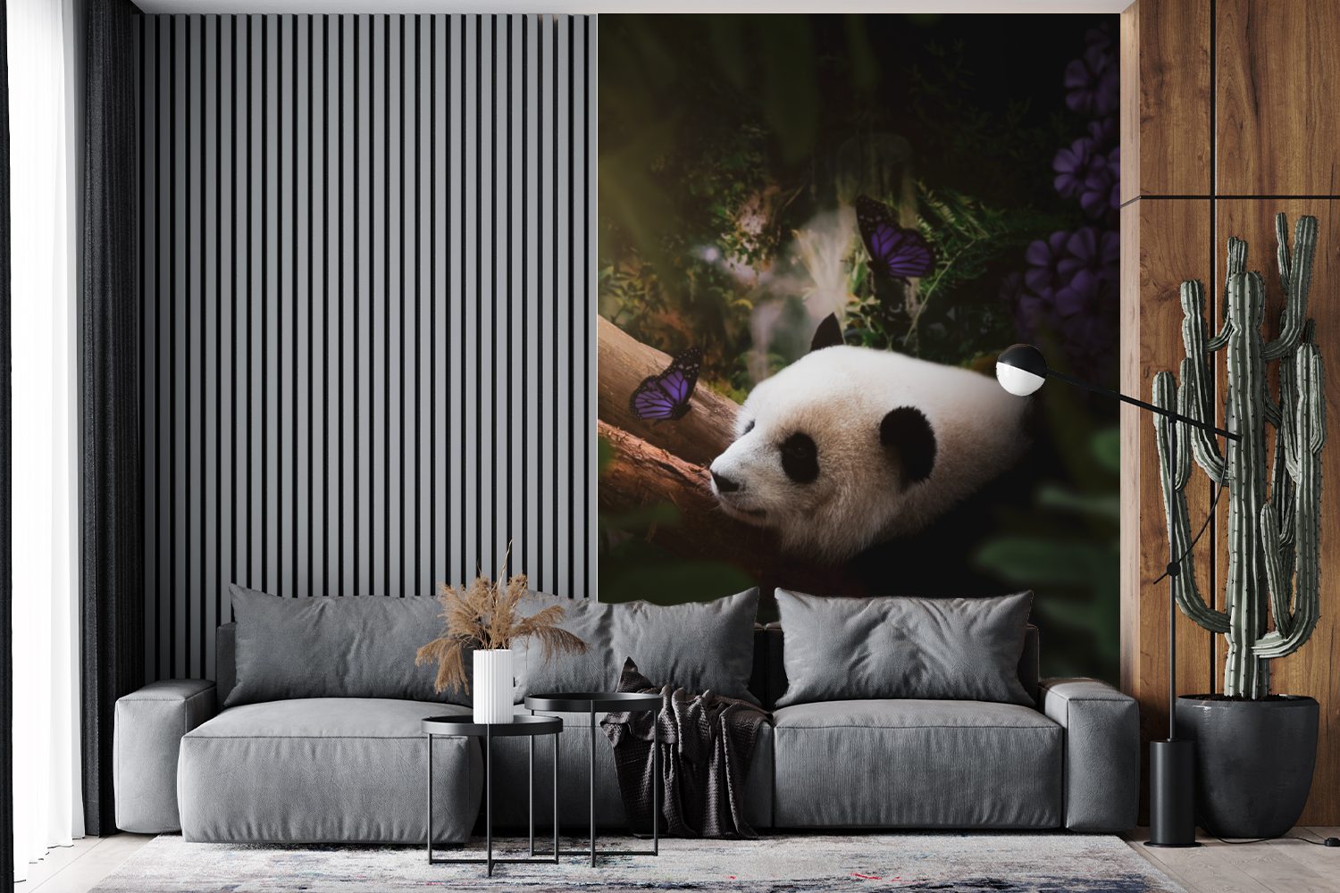 St), Wandtapete Montagefertig - Wohnzimmer, Panda - - Fototapete Schmetterling Dschungel (3 Lila, Matt, bedruckt, Tapete Vinyl für MuchoWow