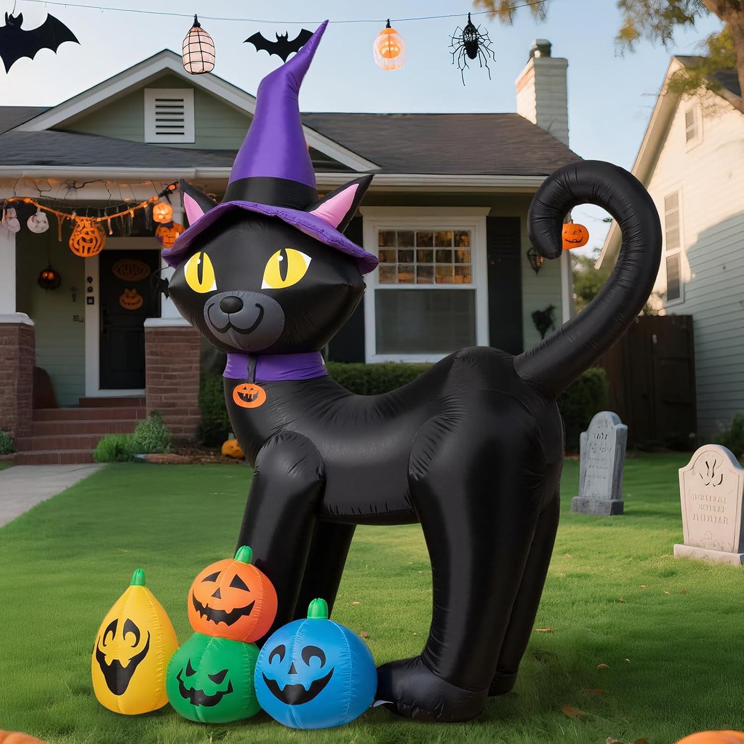 EXTSUD LED-Dekofigur Aufblasbare Halloween Dekoration Schwarze Katze mit Hexenhut 180 cm