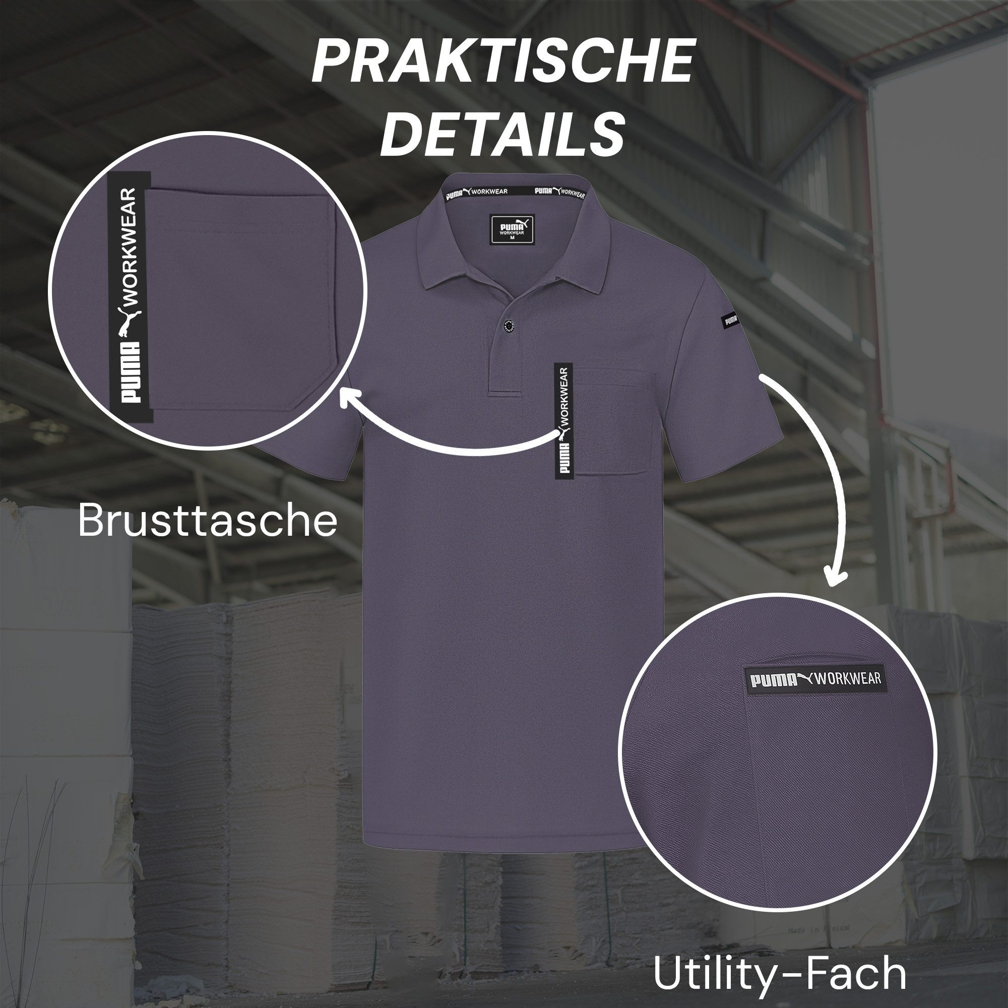 PUMA Workwear Poloshirt ADVANCED Herren Shirt mit Brusttasche und Utility Fach am Oberarm Strapazierfähiges und atmungsaktives Gewebe für Handwerk und Logistik