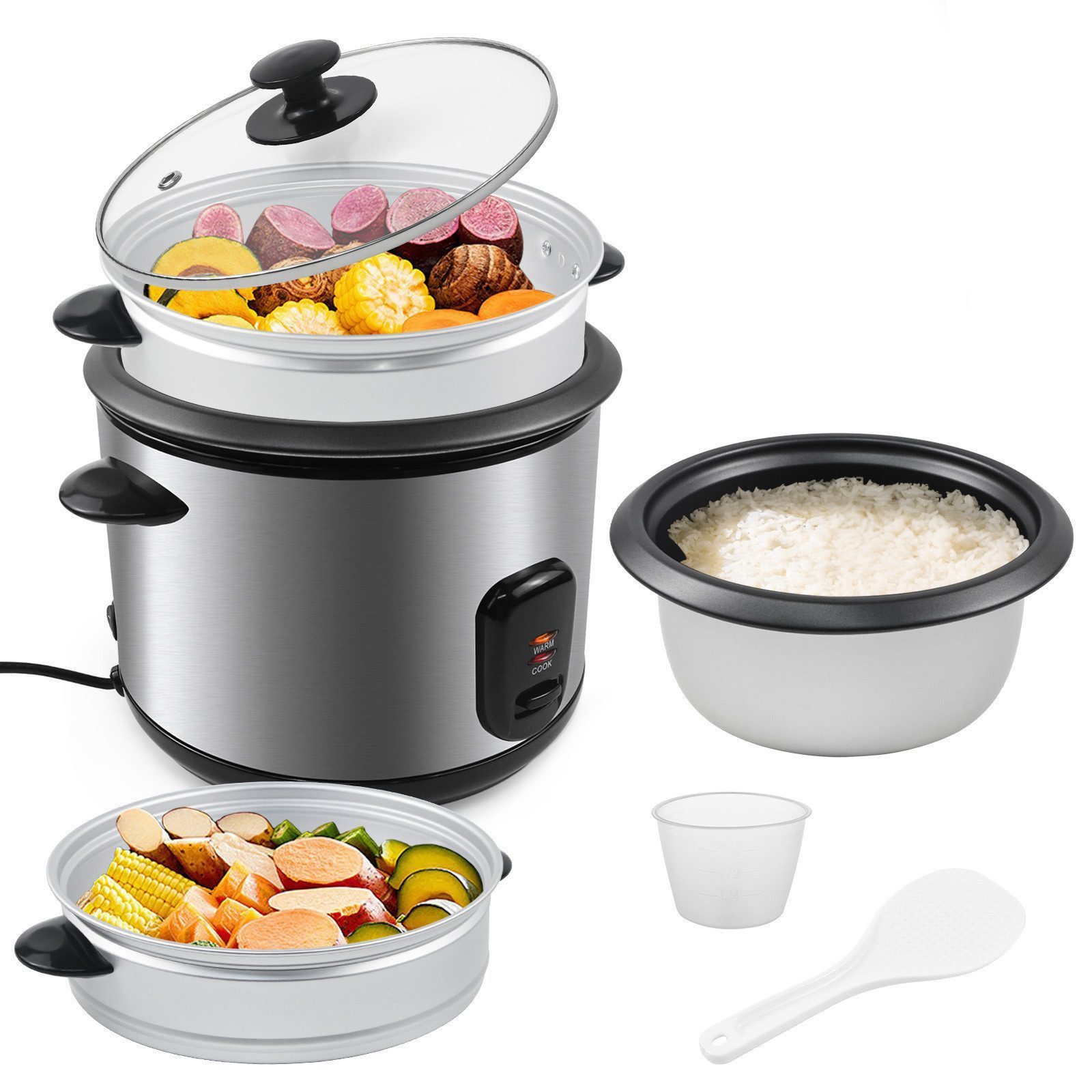 OZAVO Reiskocher 1.8L/2.2L mit Dampfgarer & Warmhaltefunktion, Antihaftbeschichtung, 900 W, inkl. Dampfkorb Messbecher & Löffel, für 3-5 Personen Familie