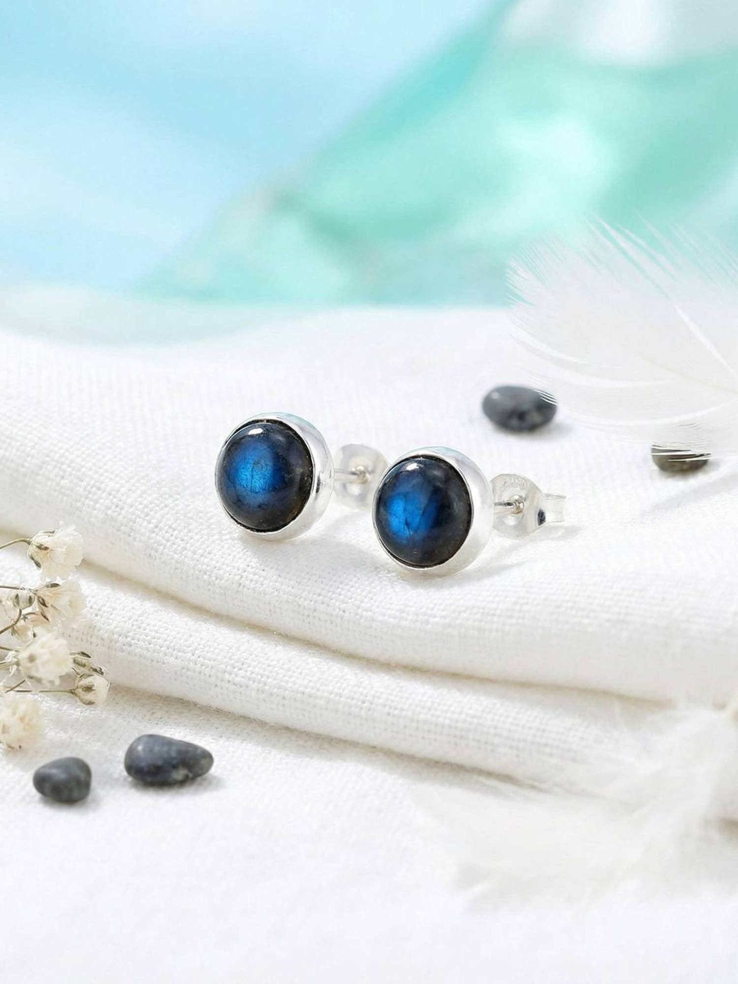 mantraroma Paar Ohrstecker SAMA rund klein aus 925 Silber mit Labradorit (Paar, Paar Ohrringe mit Schmuckbeutel), 925 Sterling Silber Ohrringe für Damen