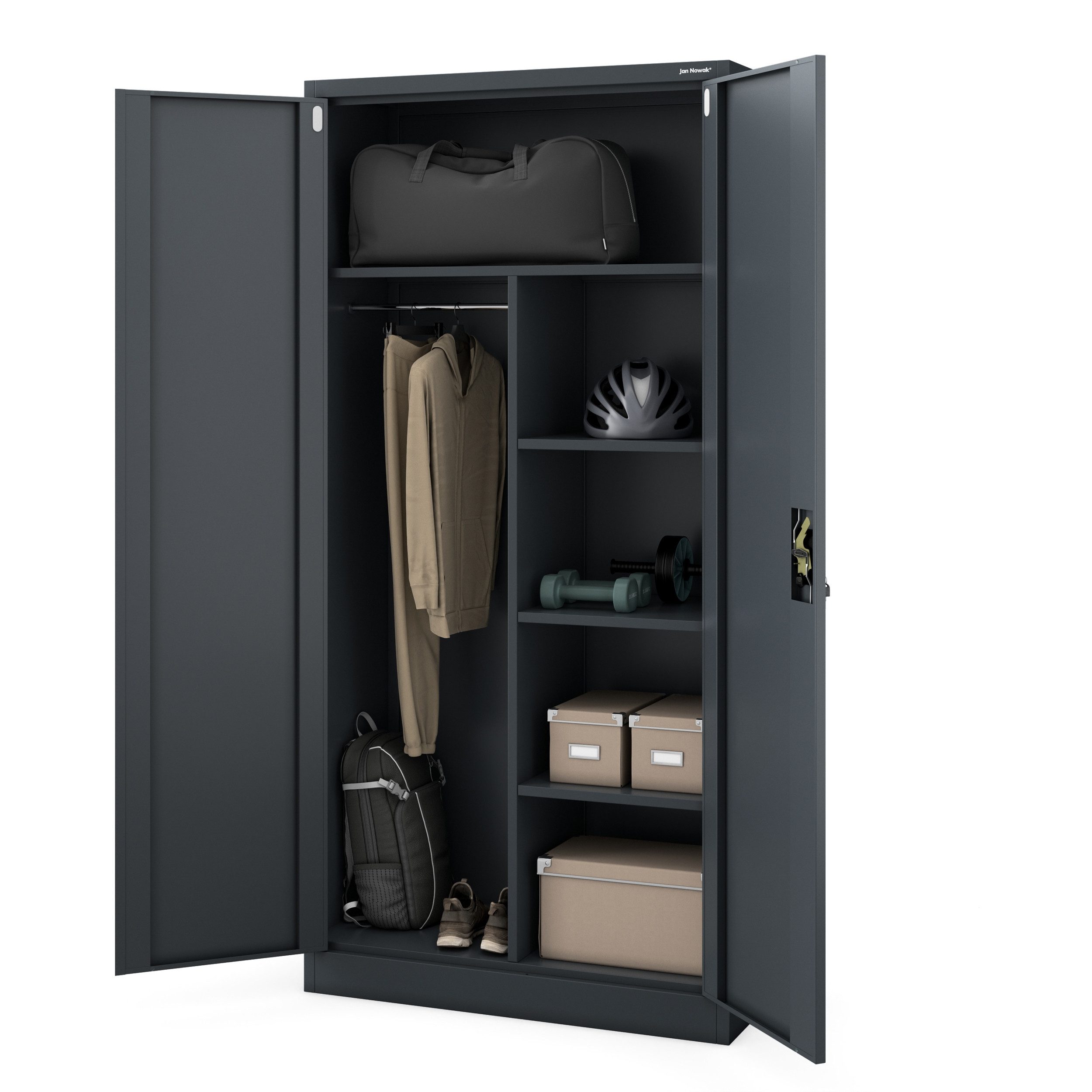 Jan Nowak Mehrzweckschrank Metall Mehrzweckschrank abschließbar 90 cm DAWID 3 Zonen Stahl (0,6 mm Wandmontage möglich PZH-zertifiziert DSGVO-konform) Putzschrank Kleiderstange Schloss 2 Schlüssel robust 11 Farben
