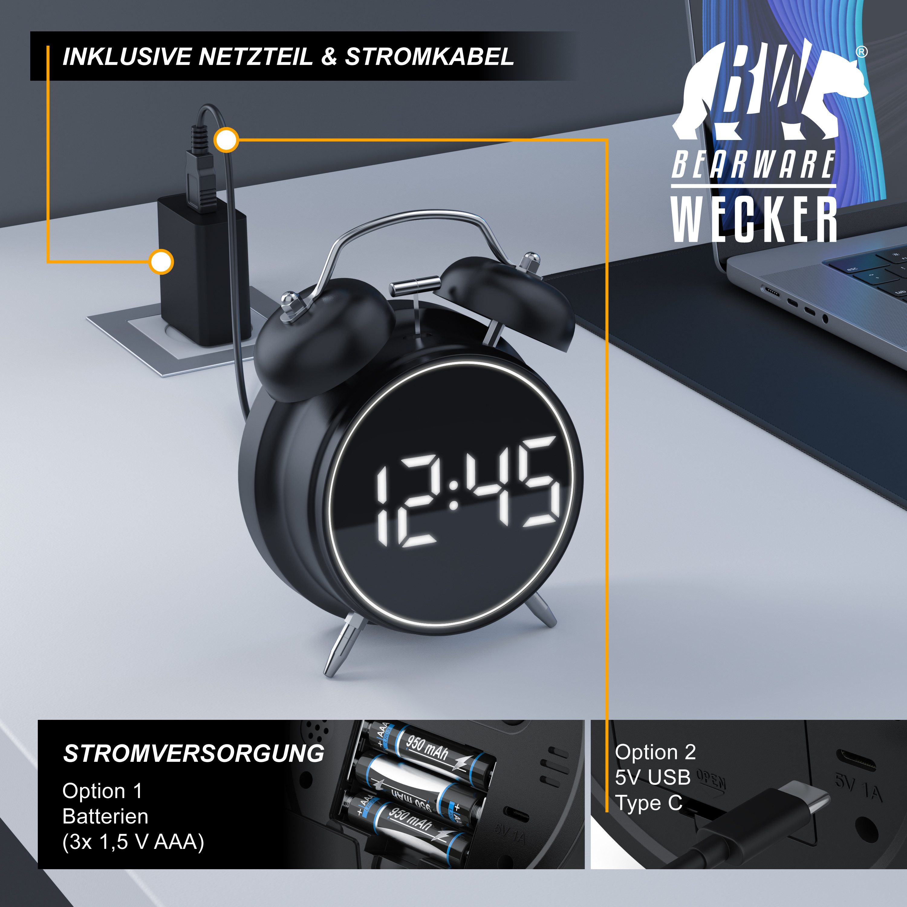 BEARWARE Wecker Digital, rund, Lichtring, Retro, lauter Glockenalarm für Tiefschläfer Einfache Bedienung, Zeit und Datum, Beleuchtet, ohne Ticken, Vintage