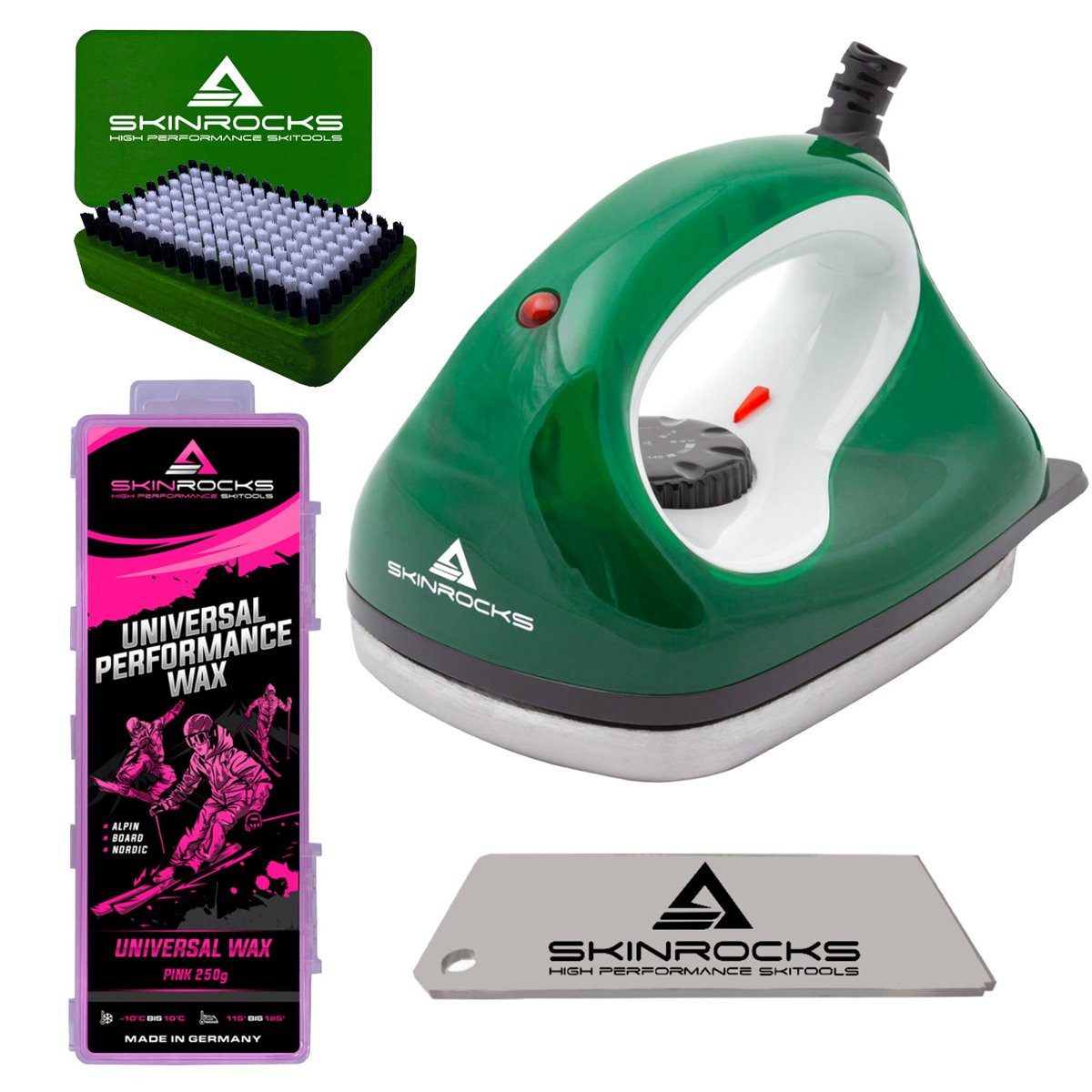 Ski SkinRocks Skiwachs Set 4-teilig Wachsbügeleisen Bürste Abzieher Wax