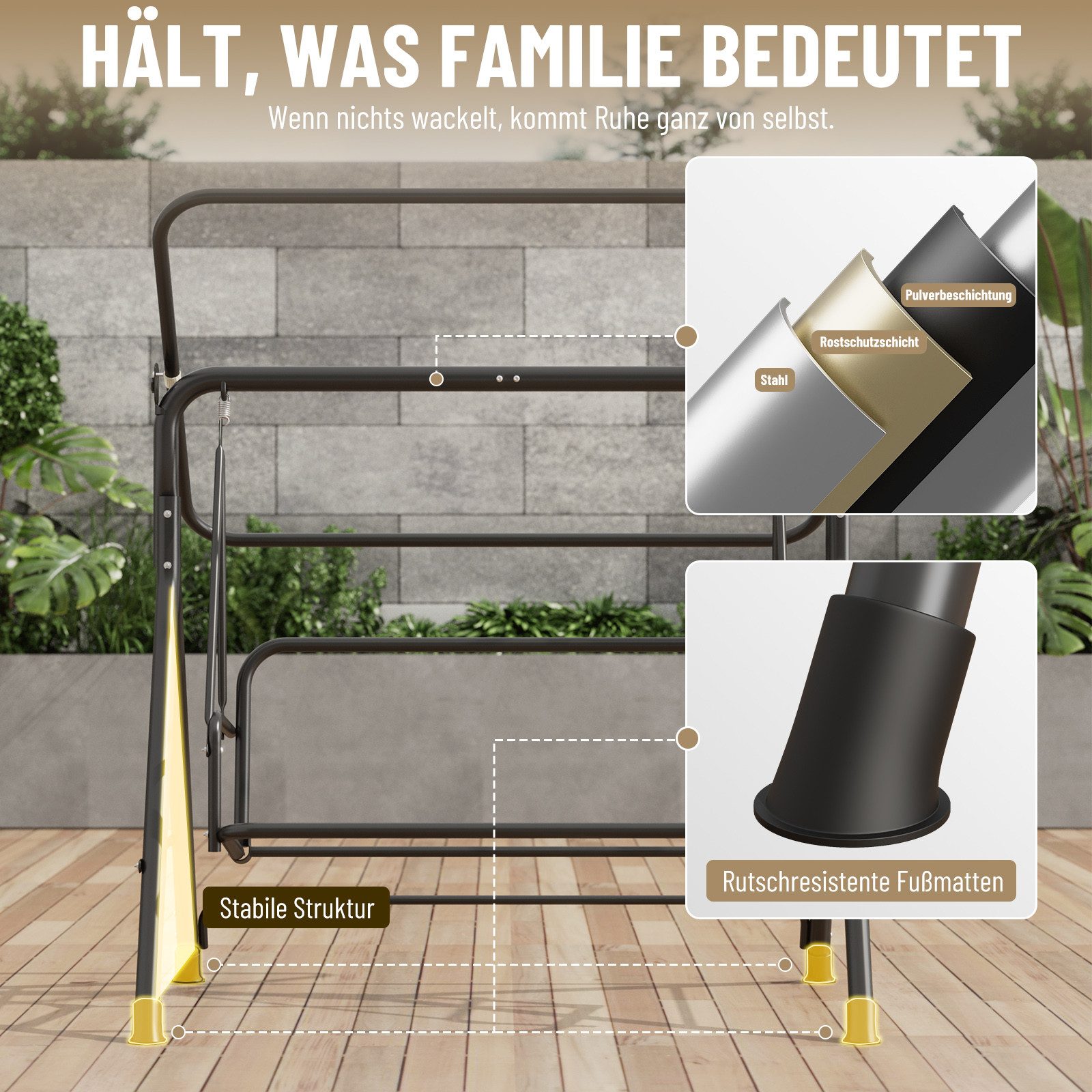 Huracan Hollywoodschaukel 3-Sitzer, Gartenschaukel mit Verstellbarem Sonnendach, 3-Sitzer, 193*110*152cm-Klassiker, UV-Schutz Wetterfest, Schaukelbank 220kg Bel – Bild 4 von 5