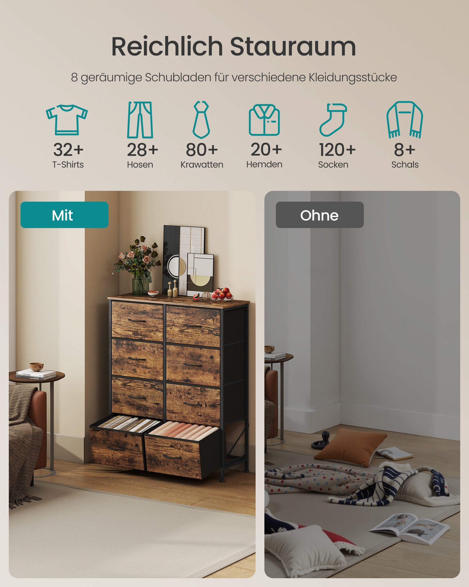 SONGMICS Kommode Schrank, Aufbewahrungsschrank, Stahl, MDF, Vliesstoff, für Schlafzimme