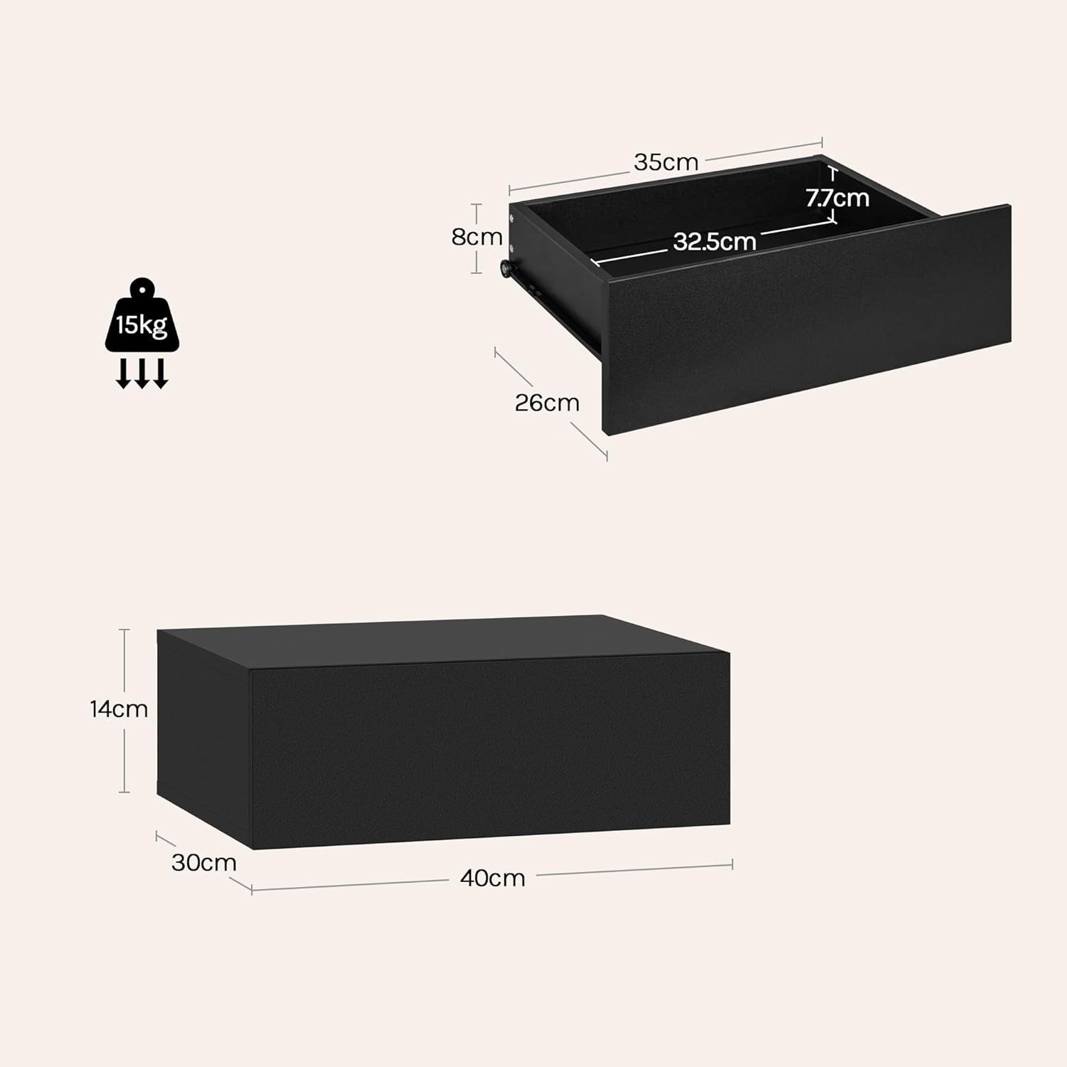 Woltu Nachttisch (2-St), hängend mit Schublade, Wandregal Schwarz für Schlafzimmer Wohnzimmer
