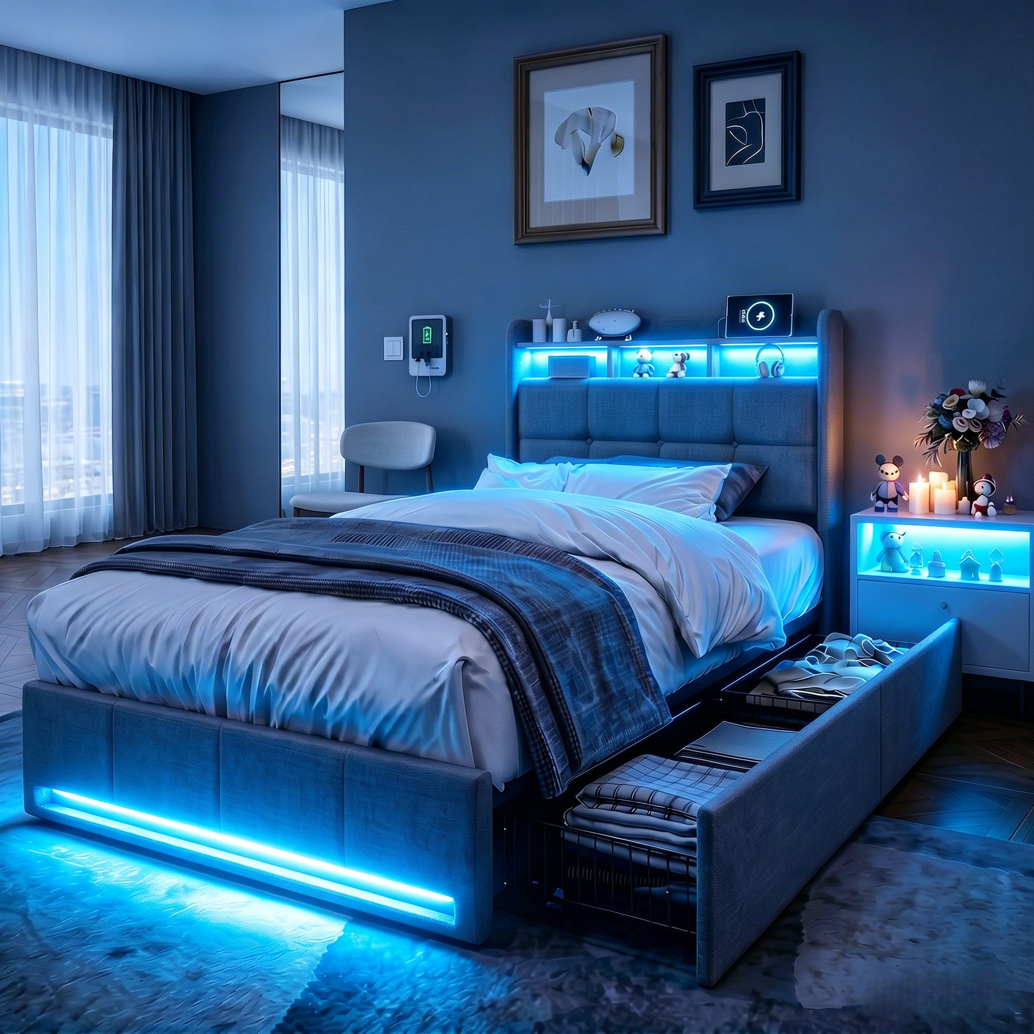 Furnishings Home Polsterbett LED Doppelbett 140x200 cm, Stauraumbett mit Kopfteil und 4 Schubladen (Leinenmaterial Polsterbett mit RGB Beleuchtung), mit Lattenrost und Ladefunktion, mit Komforthöhe, Leises Design Bett