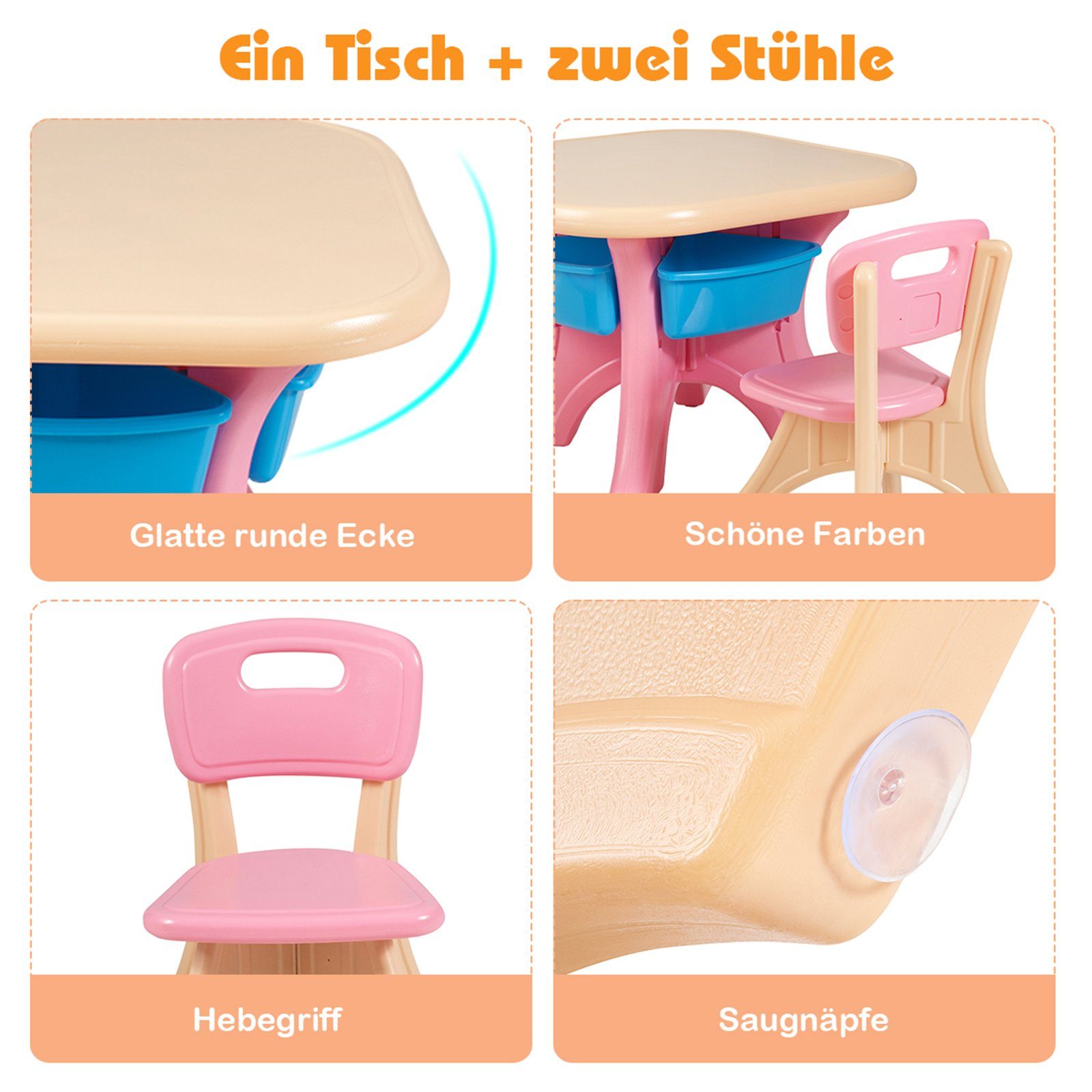 COSTWAY Kindersitzgruppe, mit 2 Stühlen&Kindertisch, Stauraum, Kunststoff Rosa mit