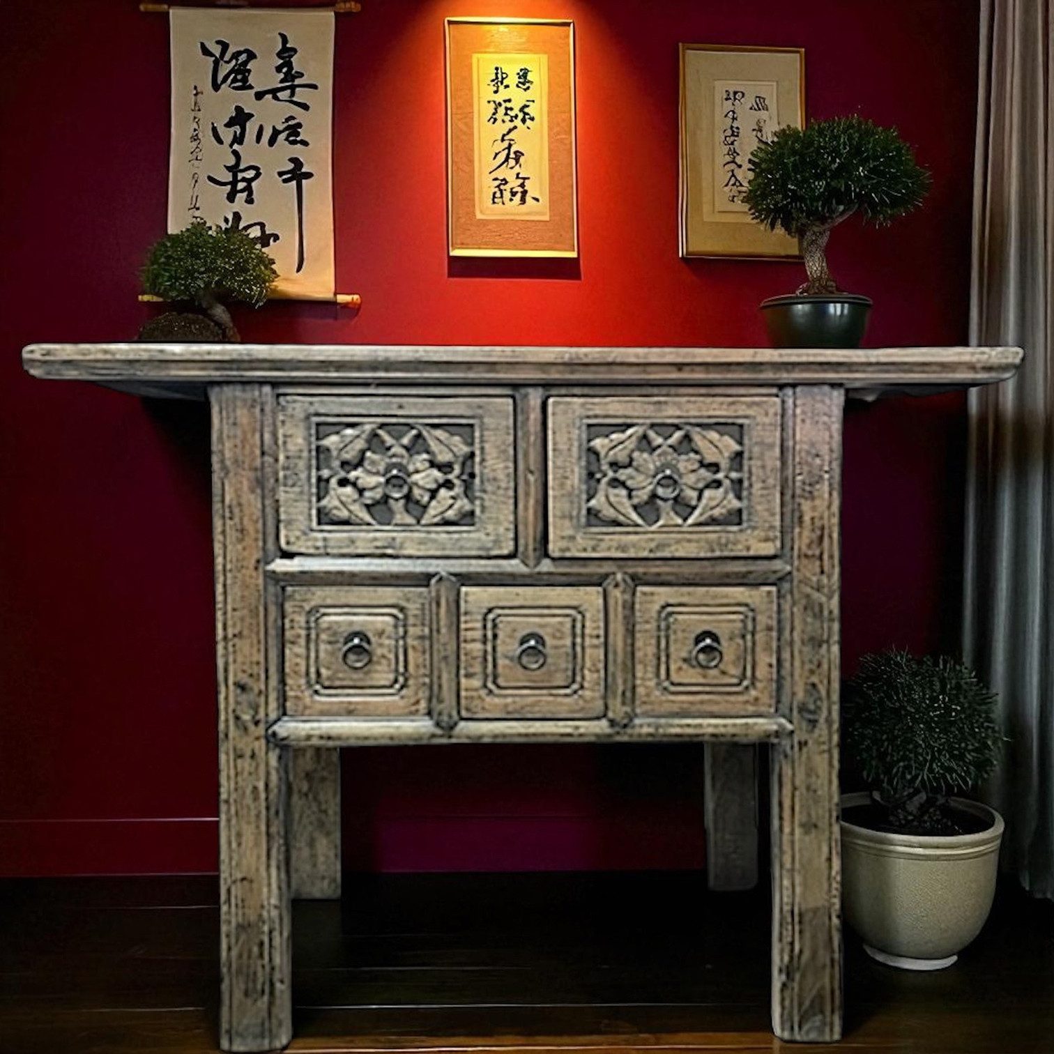 OPIUM OUTLET Konsolentisch Antiker chinesischer Massivholz-Konsolentisch Wandtisch braun (Unikat, Asia Möbel komplett montiert, asiatisch chinesisch orientalisch vintage), Telefontisch mit Schubfächern (B x T x H: 107 x 44 x 85 cm)
