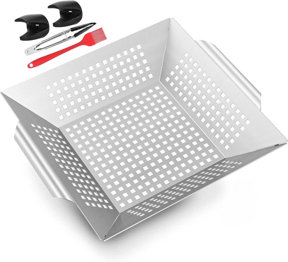 LA CUTE Grillschale Edelstahl Grillkorb Gemüsekorb Set mit Griff & Zubehör BBQ, (BBQ Grillkorb-Set, BBQ Grillkorb mit Zange und Backpinsel), Praktisches Lochdesign gleichmäßige Hitzeverteilung und sicheren Halt