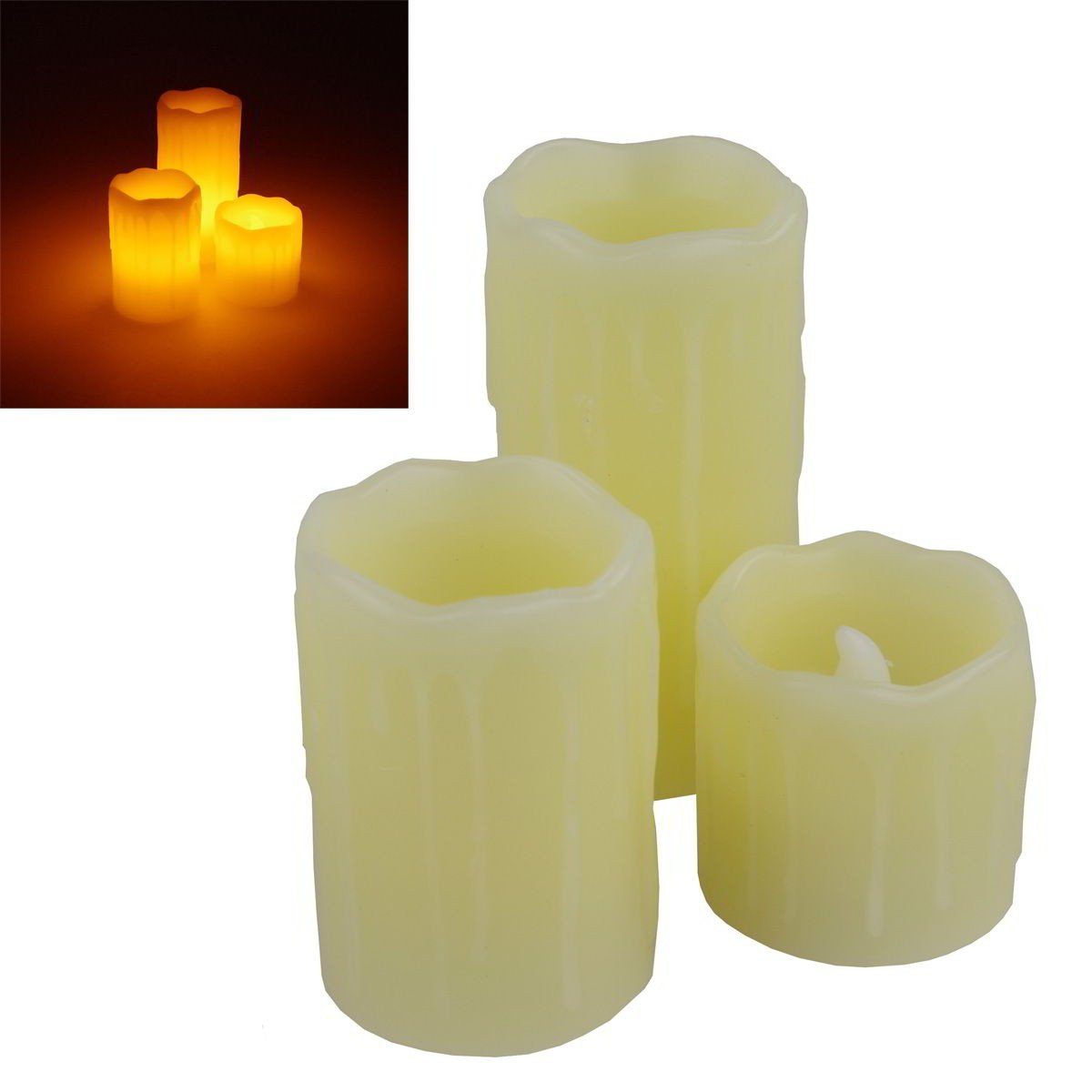 LED-Kerze Echtwachs LED Kerzen 3 Stück Ø5 x 5,7,10cm creme inklusive Batterien, mit realistischem Flackereffekt